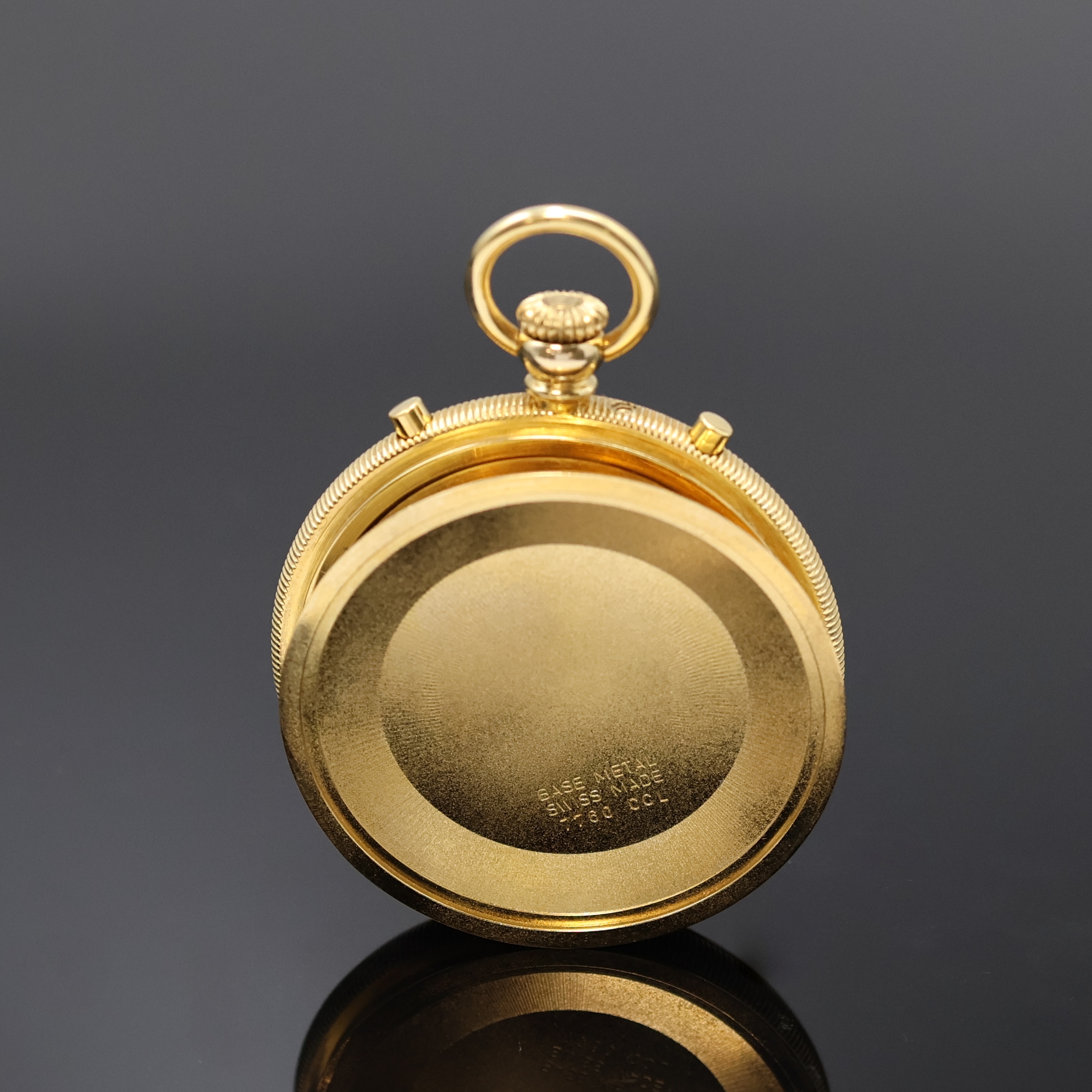 Detail c: A. RAYMOND Taschenchronograph mit Mondphase und Datum im vergoldeten Gehäuse, Schweiz 1980, Handaufzug, 3-tlg. Geh. m. geripptem Rand, Boden u. ...