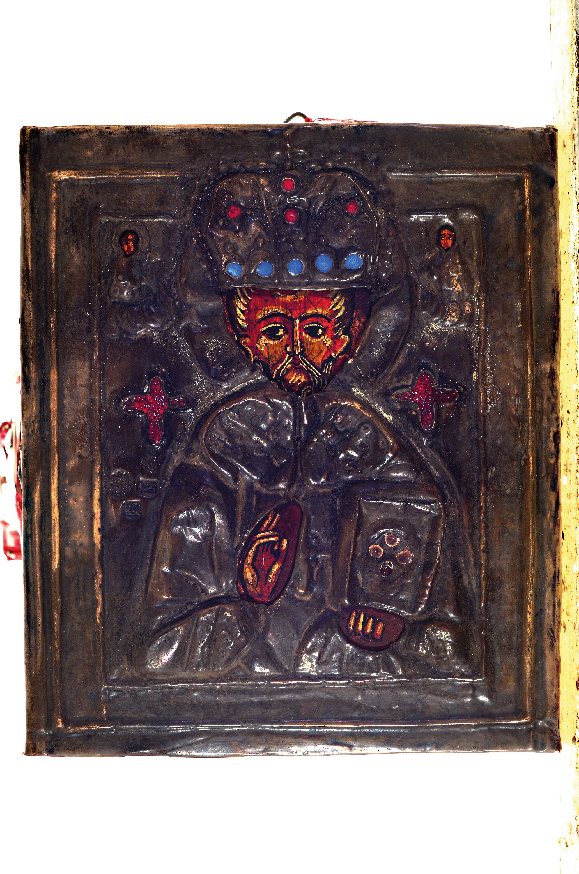 Detail k: Ikone, Russland, Mitte 19.Jh., Tempera uf Holz, Silberoklad, 84 Zolotniki, datier 1859, gemarkt, 18x15 cm beschädigt