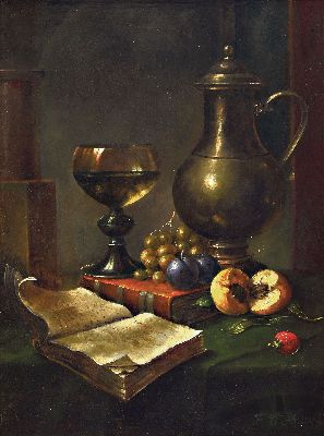 Image 26975305 - F.V. Knapp, 2. Hälfte 20. Jh., Stillleben m. Weinkanne, Buch und, Früchten, ...