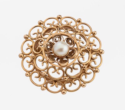 Image 26975339 - 14 kt Gold Perl-Brosche, 1950er Jahre, RoseG 585/000 gepr., mehrstufiger Aufbau mit ...