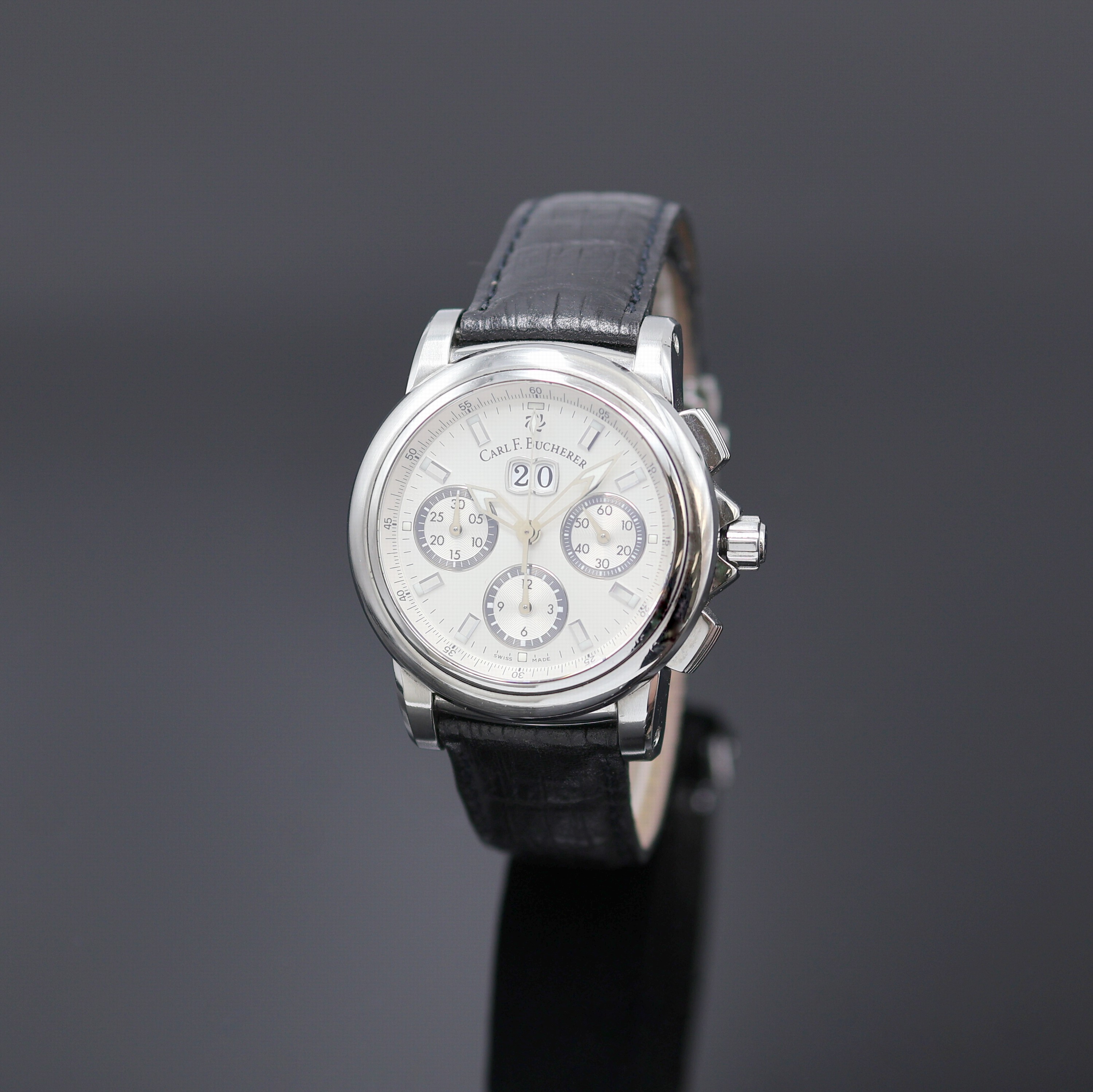 CARL. F. BUCHERER Patravi Armbandchronograph Referenz 4500.620, Automatik, Schweiz um 2005, beids. vergl. Edelstahlgeh. inkl. Lederband m. orig. ...