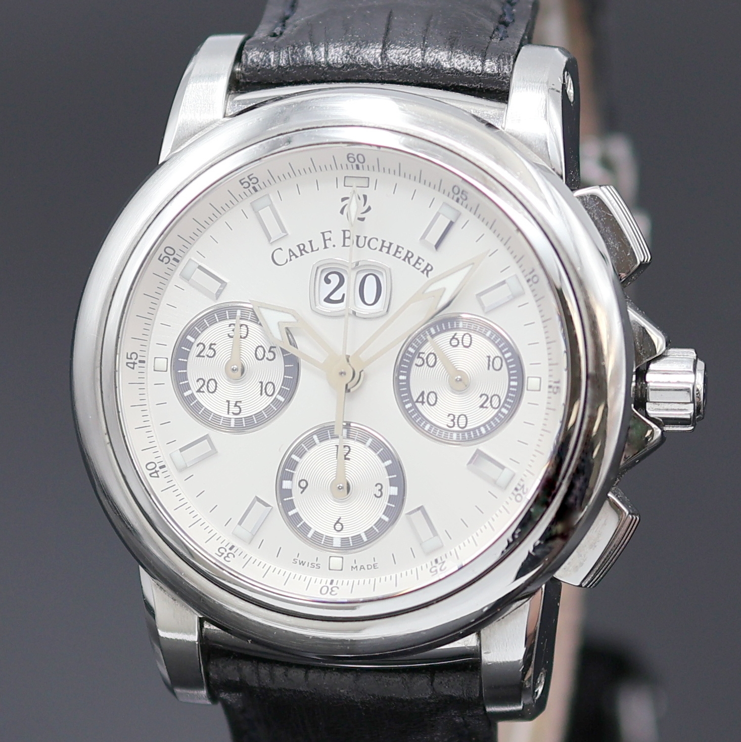 Detail a: CARL. F. BUCHERER Patravi Armbandchronograph Referenz 4500.620, Automatik, Schweiz um 2005, beids. vergl. Edelstahlgeh. inkl. Lederband m. orig. ...