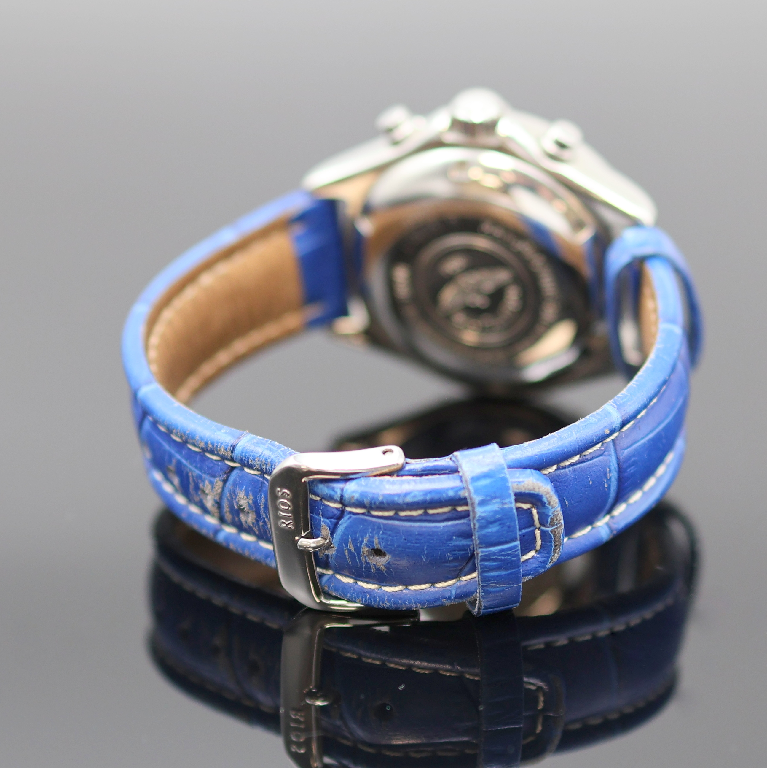 Detail c: BREITLING Armbandchronograph Referenz A13035.1, Schweiz um 1995, Automatik, verschr. Edelstahlgeh., verschr. Krone, eins. drehb. Lünette, blaues ...