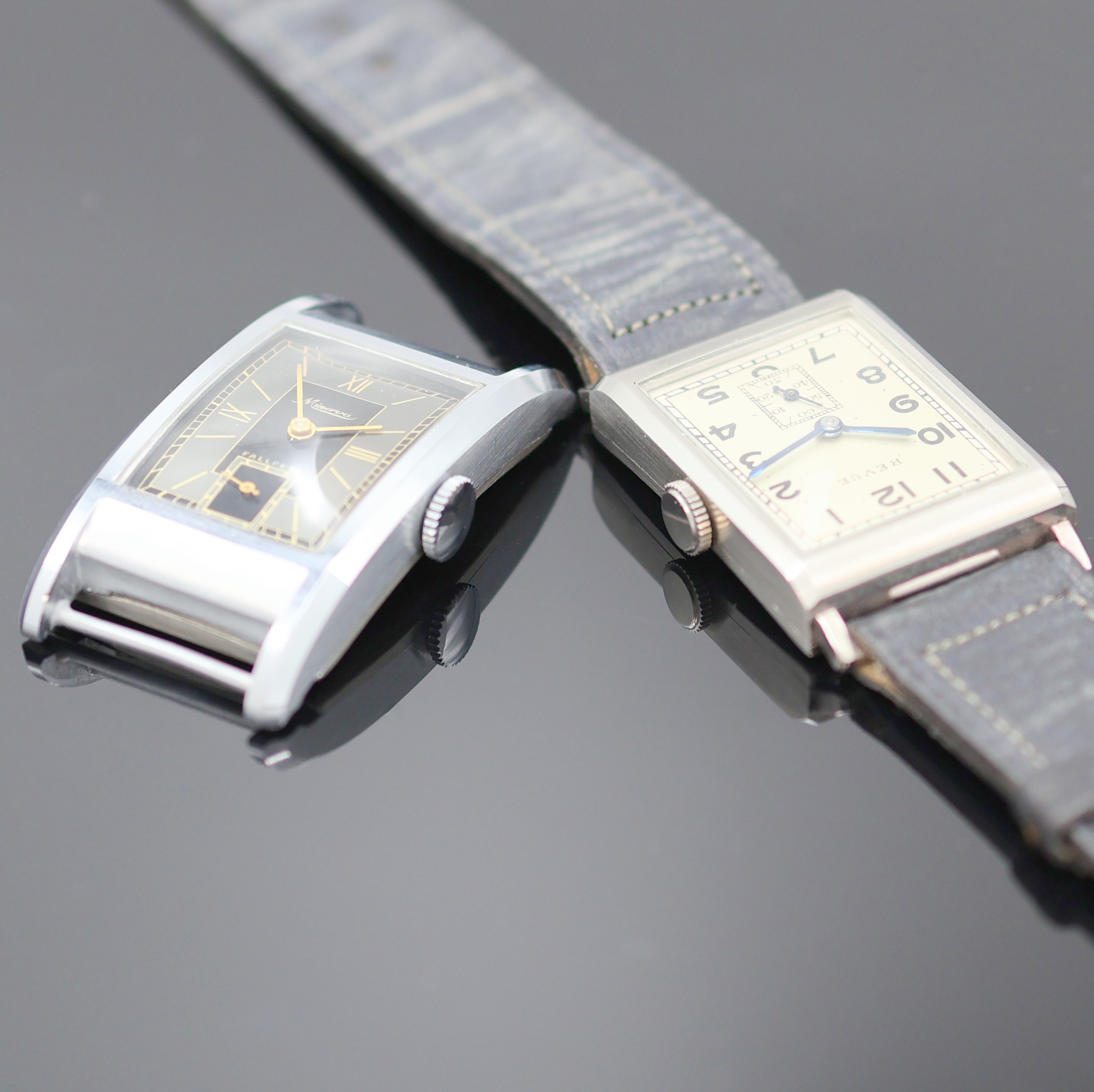 Detail c: MINERVA und REVUE 2 rechteckige Armbanduhren, Schweiz um 1950/1960, Handaufzug, 1) Minerva, verchr. Geh., Boden aufgedr., grau/schwarzes Zifferbl. m. ...