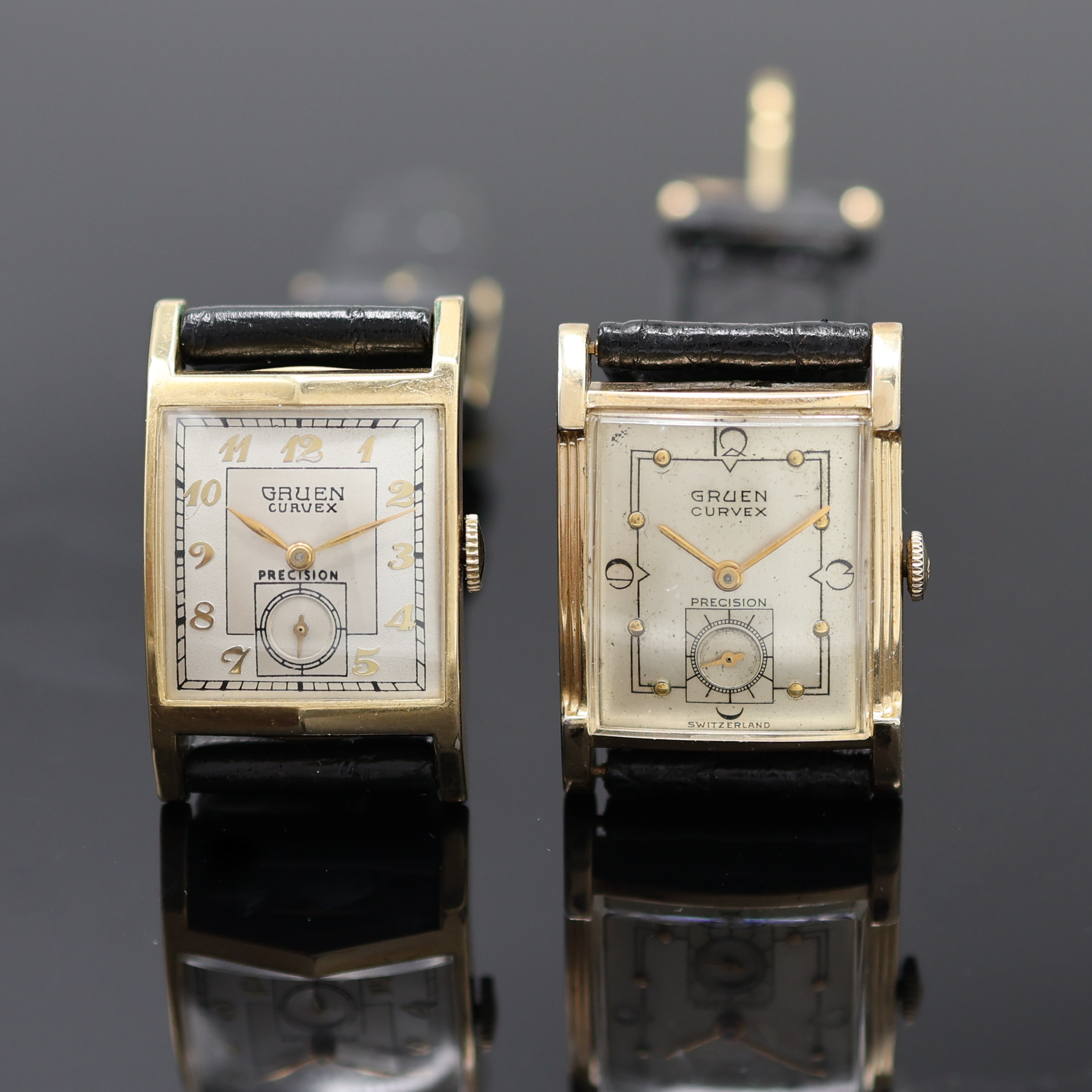 GRUEN Curvex Precision 2 Armbanduhren 10k Goldfilled, USA um 1945, Handaufzug, Böden aufgedr., silb. Zifferblätter teils rest., arab. Zahlen u. ...