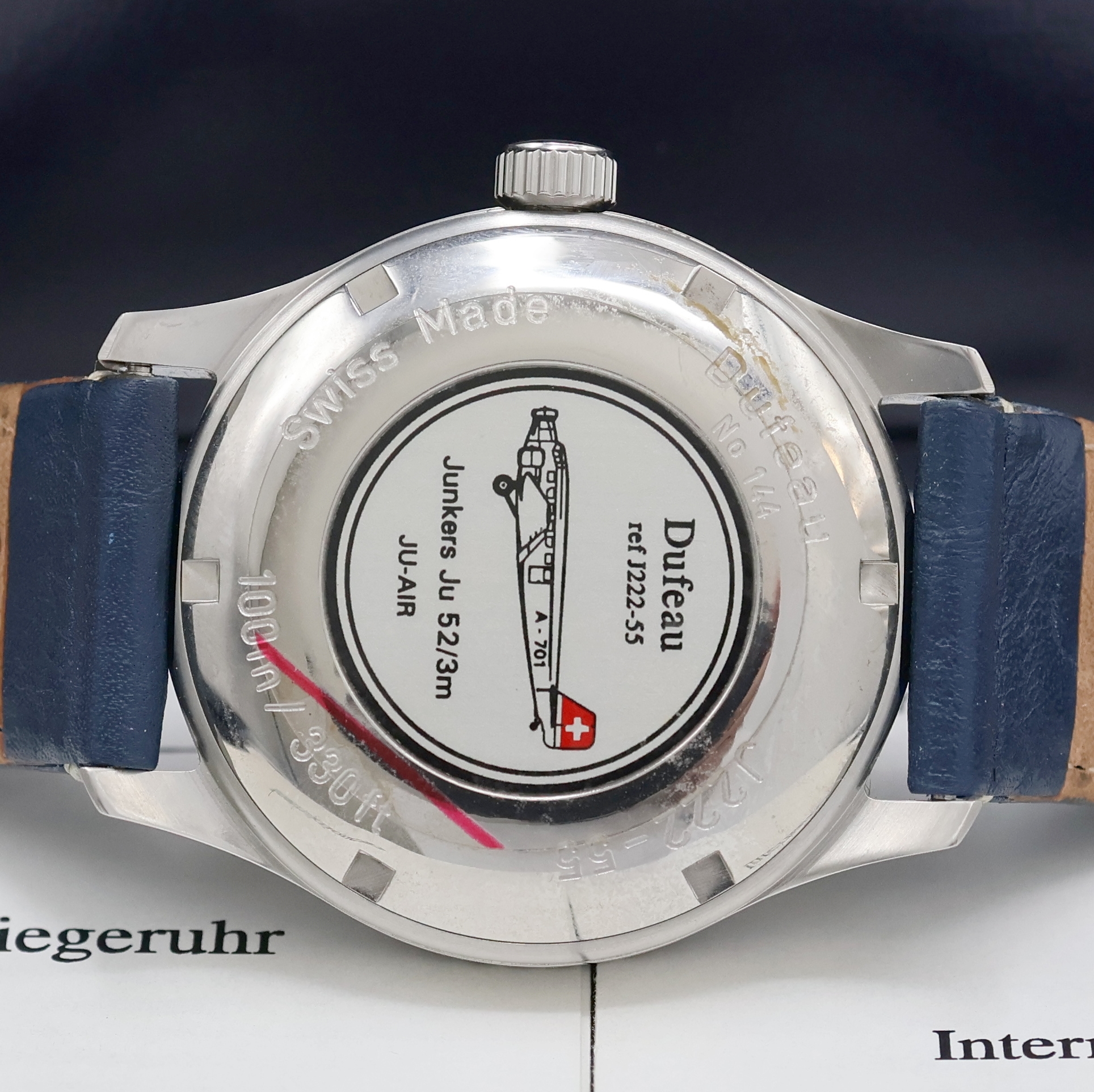 Detail c: DUFEAU Armbanduhr JU 52 Referenz J222-55, Schweiz verk. lt. beil. Pap. 12/1997, Handaufzug, Edelstahlgeh. inkl. orig. Lederband m. Dornschl., Boden ...