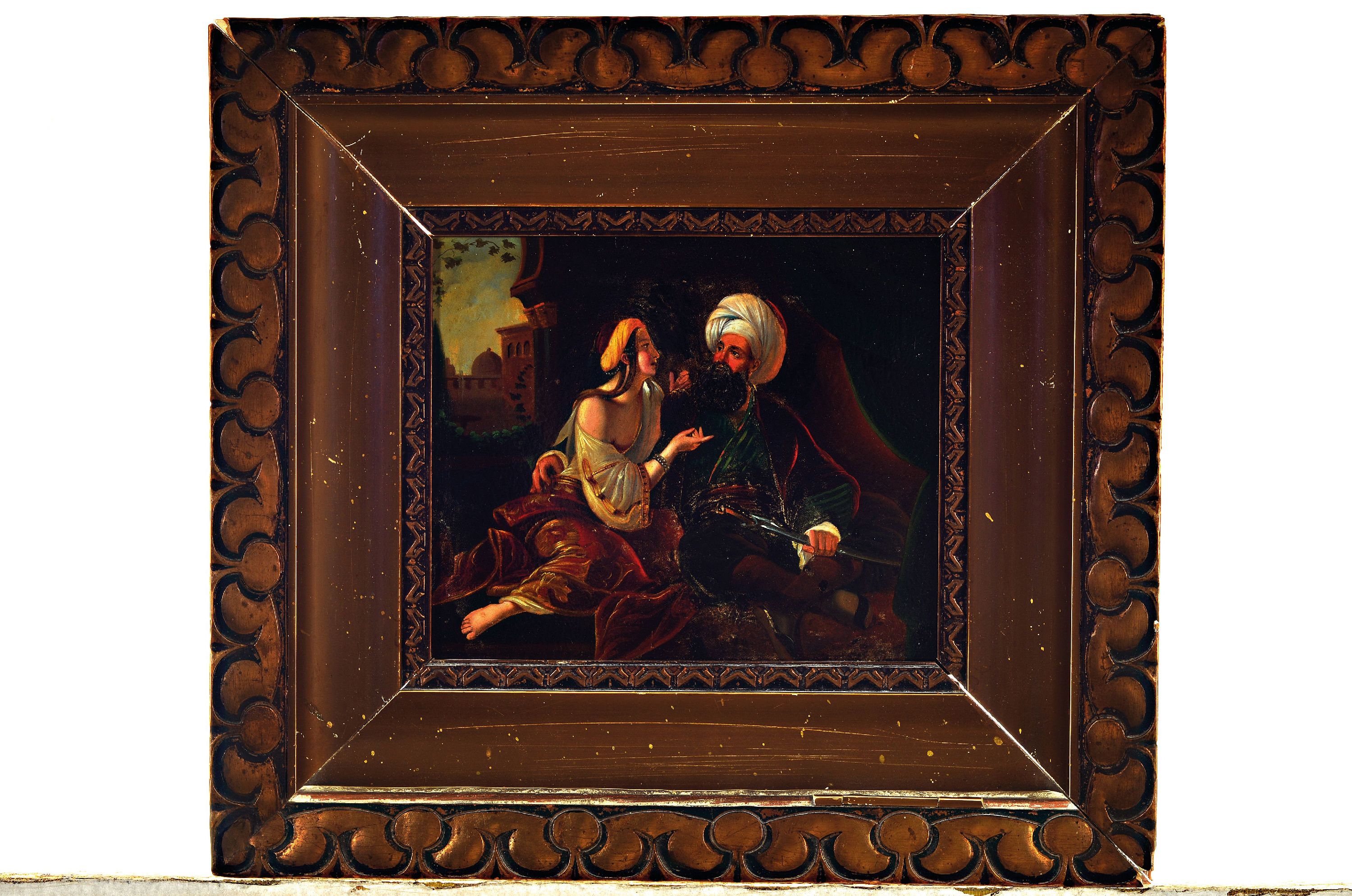 Detail k: Orientalist der Mitte des 19.Jh., Haremsszene, Öl/Zinkplatte, unsigniert, verso Verweis auf Johan Heinrich Stobwasser, rest., 17x20 cm, Rahmen 32x35 ...
