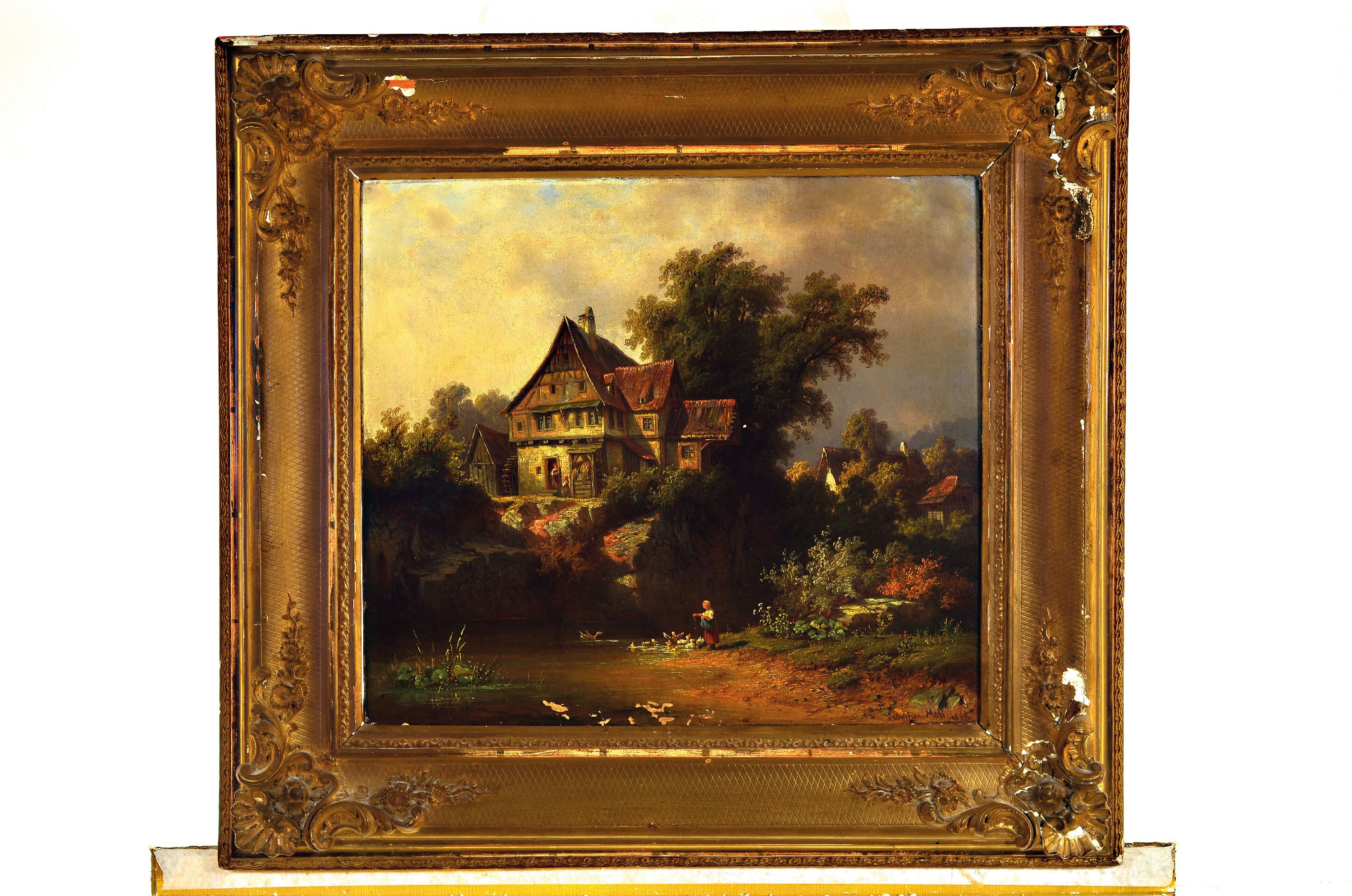 Detail k: Christian Friedrich Mali, 1832-1906, Stadtansicht mit Mühle und Gänsemagd, rechts unten signiert und datiert 1865, Öl/Lwd, Mitte unten Schäden ...