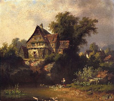 Image 26975484 - Christian Friedrich Mali, 1832-1906, Stadtansicht mit Mühle und Gänsemagd, ...