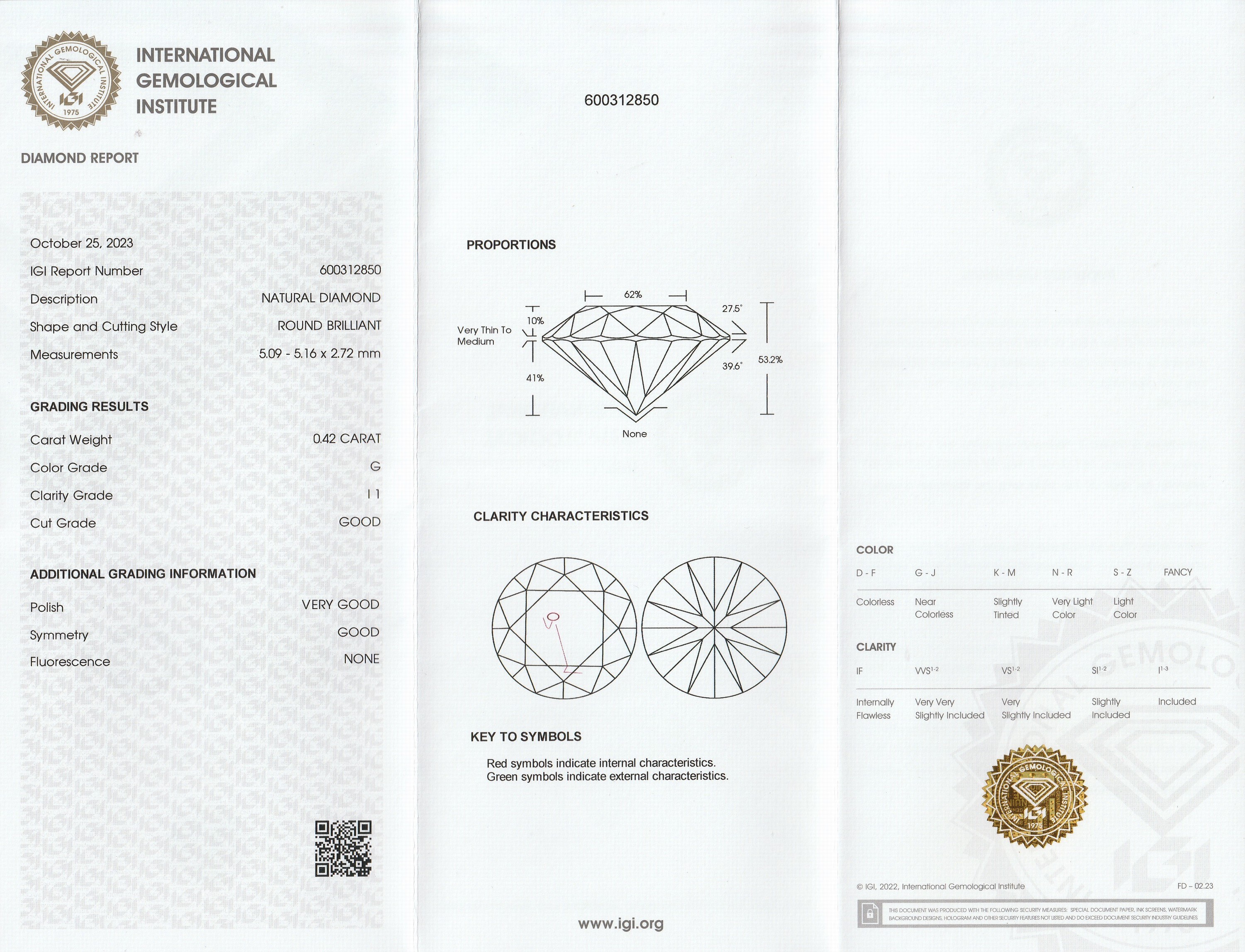 Detail a: Loser Brillant, 0.42 ct feines Weiß (G)/p1, eingeschweißt, mit IGI-Expertise