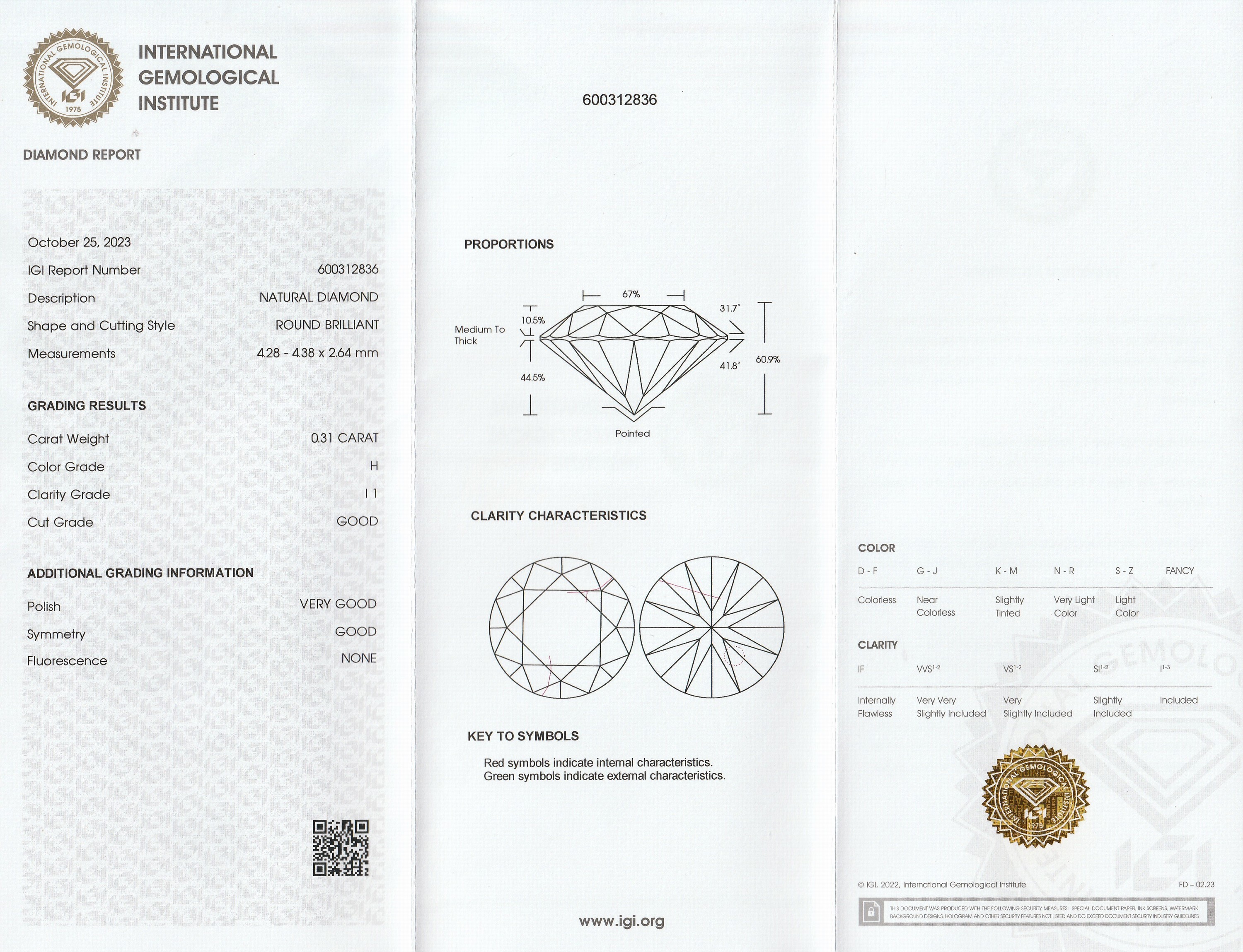 Detail a: Loser Brillant, 0.31 ct Weiß (H)/p1, eingeschweißt, mit IGI-Expertise