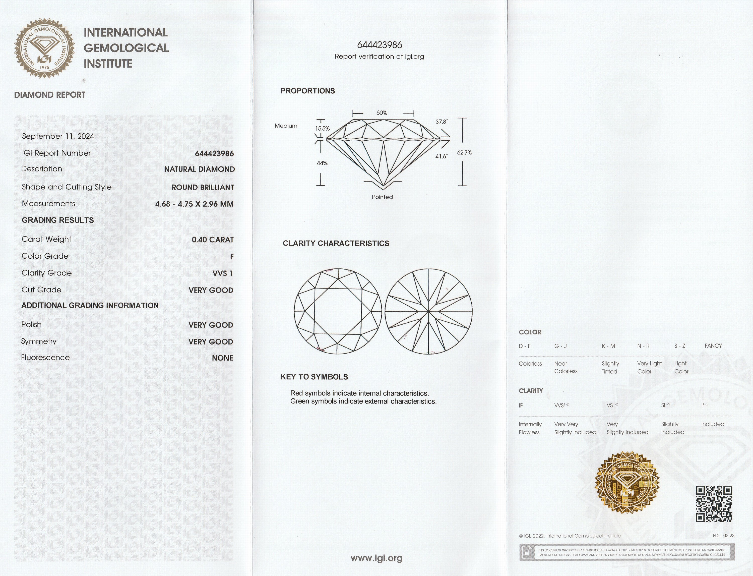 Detail a: Loser Brillant, 0.40 ct feines Weiß+(F)/vvs1, eingeschweißt, mit IGI-Expertise