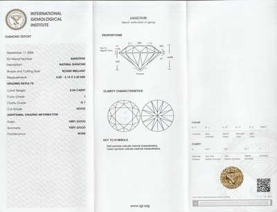 26975513a - Loser Brillant, 0.54 ct l.get.Weiß(J)/si1, eingeschweißt, mit IGI-Expertise ...