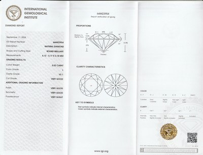 26975515a - Loser Brillant, 0.52 ct get.Weiß(L)/vs1, eingeschweißt, mit IGI-Expertise ...
