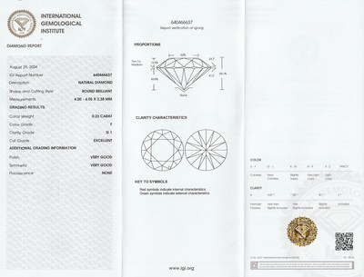 26975520a - Loser Brillant, 0.23 ct feines Weiß+(F)/si1, eingeschweißt, mit IGI-Expertise ...