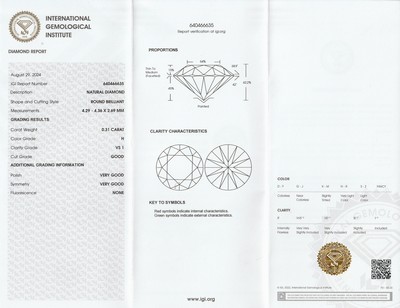 26975522a - Loser Brillant, 0.31 ct Weiß(H)/vs1, eingeschweißt, mit IGI-Expertise ...