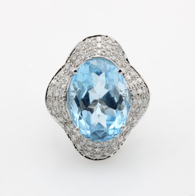 Image Ring mit Topas und Brillanten, WG 750/000, ovaler, fac. Blautopas (beh.) ca. 19 ct ...