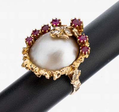 Image 26975930 - 14 kt Gold Perl-Rubin-Brillant-Ring, GG 585/000, schwere Verarbeitung, abstraktes ...