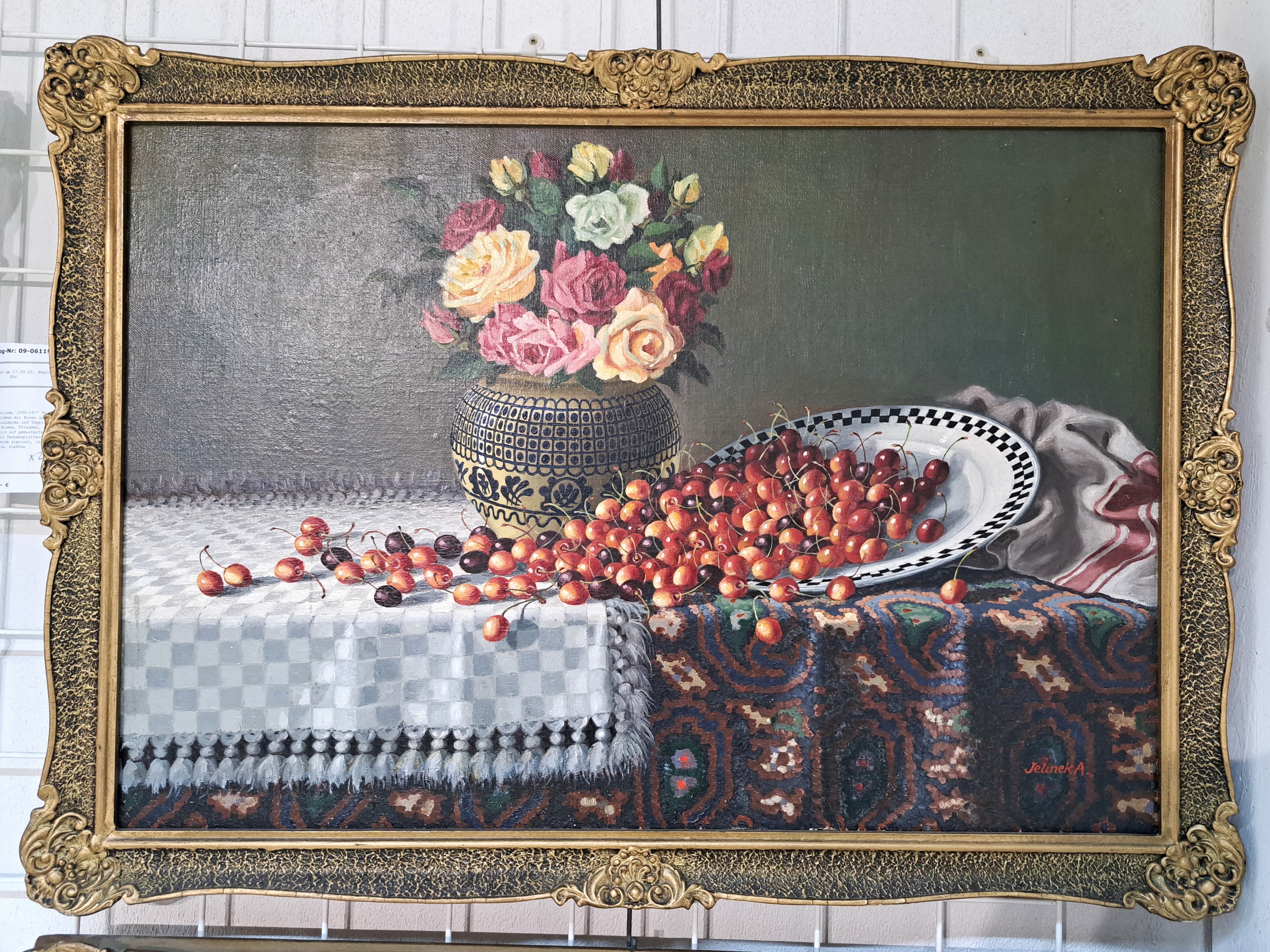Detail a: Frantisek A. Jelinek, 1890-1977 Prag, 2 Pendants: Stillleben mit Rosen und Kirschen mit Tischdecke und Teppich, Stillleben mit Blumen, Pflaumen, ...