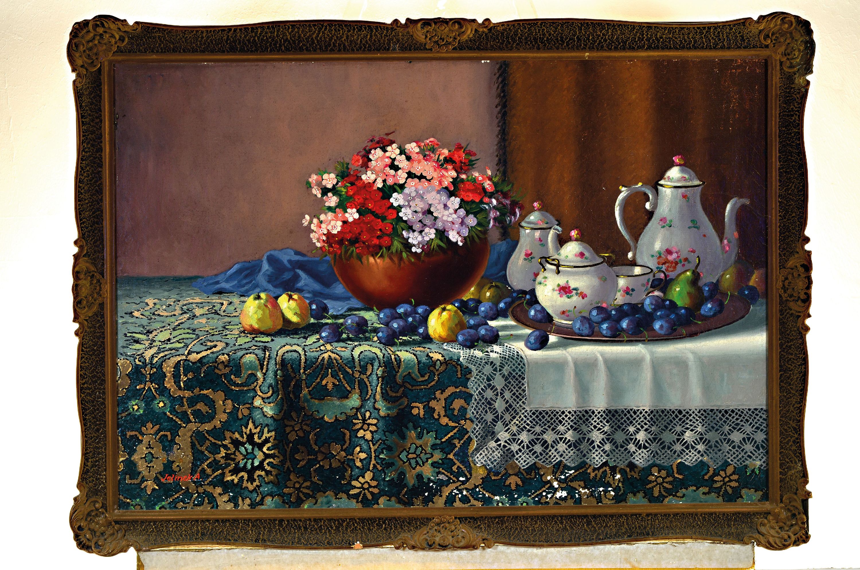 Detail k: Frantisek A. Jelinek, 1890-1977 Prag, 2 Pendants: Stillleben mit Rosen und Kirschen mit Tischdecke und Teppich, Stillleben mit Blumen, Pflaumen, ...