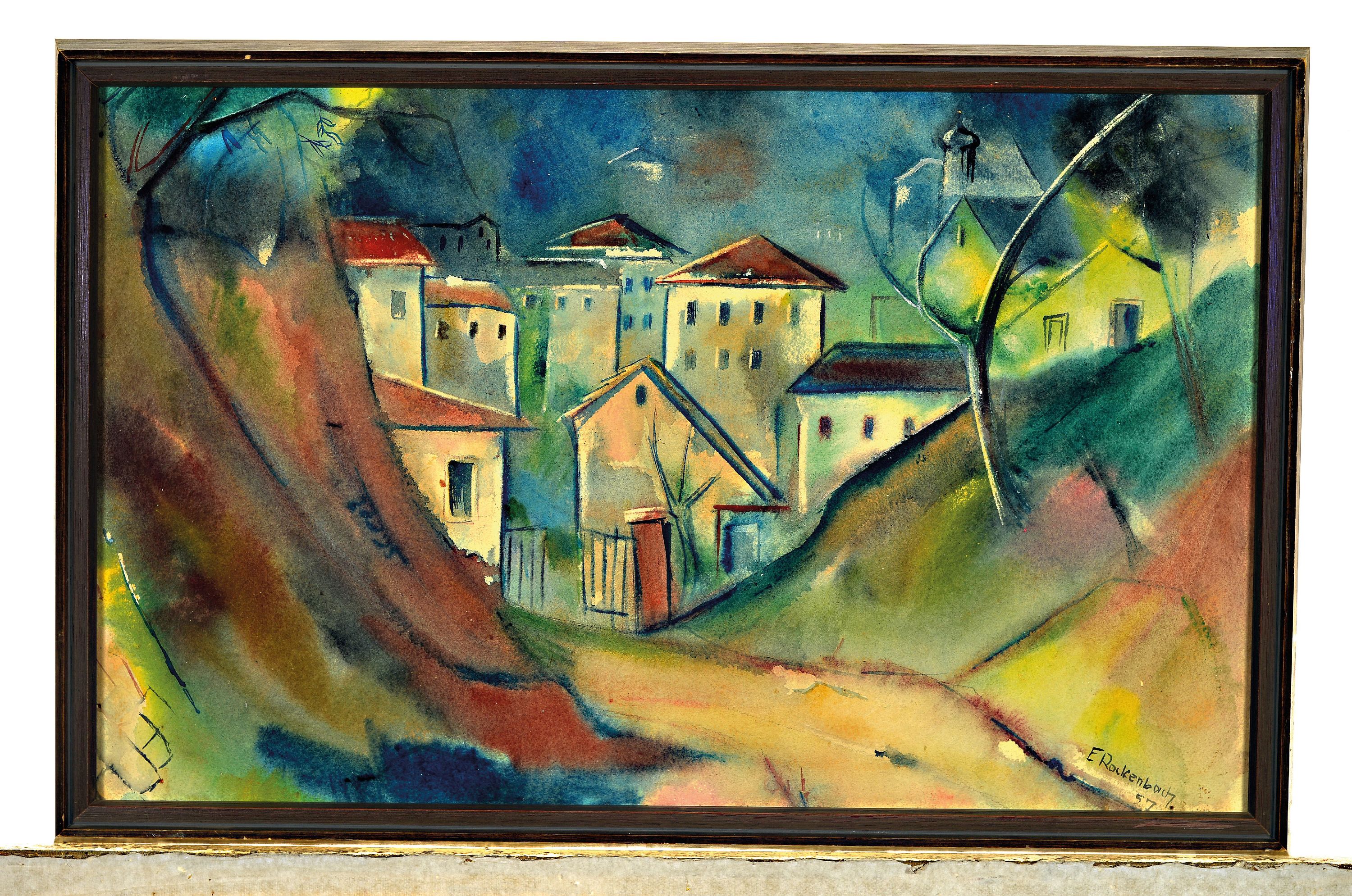 Detail k: Erich Rockenbach, 1911-1984 Ludwigshafen am Rhein, Arkadische Häuserlandschaft, Öl und Mischtechnik auf Hartfaser, sign. und dat. 57, ca. 38x61cm, ...