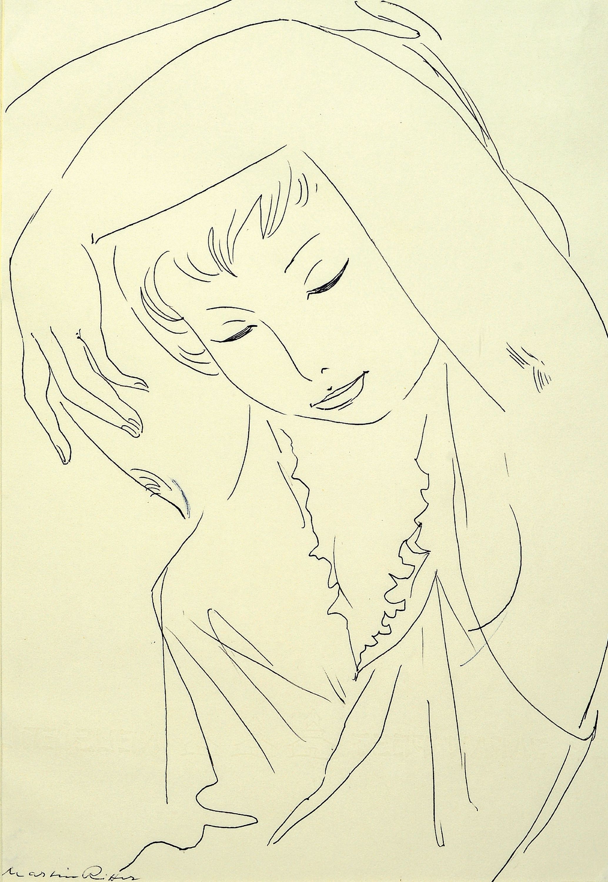 Image 26976207 - Martin Ritter, 1905 Glauchau-2001 Baldham, Halbporträt einer Frau,Tuschfederzeichnung, ...