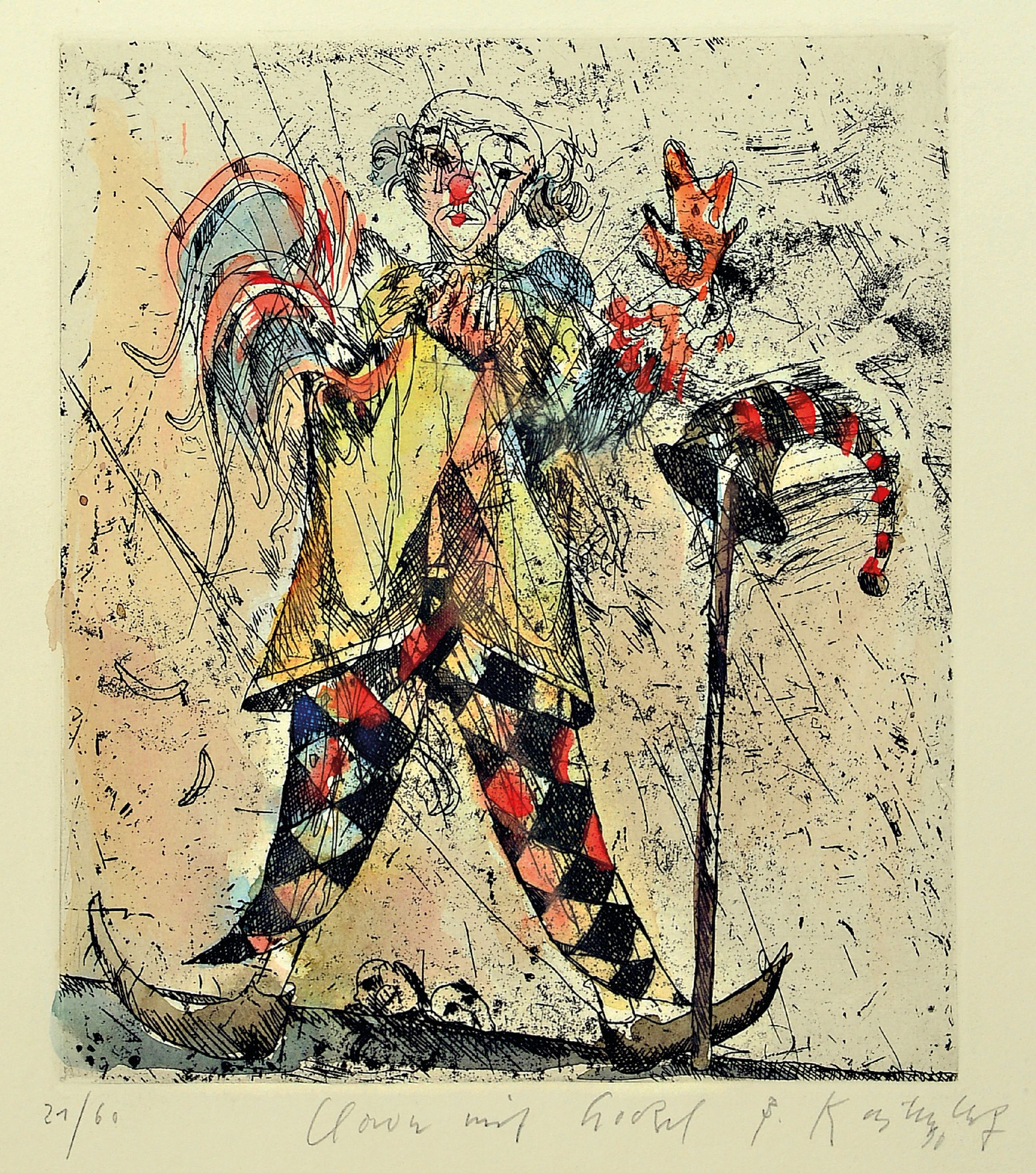 Bernd Kastenholz, geb. 1949 Speyer, 2 Farbradierungen: Dorfsturz, sign. und num. 13/70, ca. 19x16cm, Clown mit Gockel, sign. und num. 21/60, ca. ...