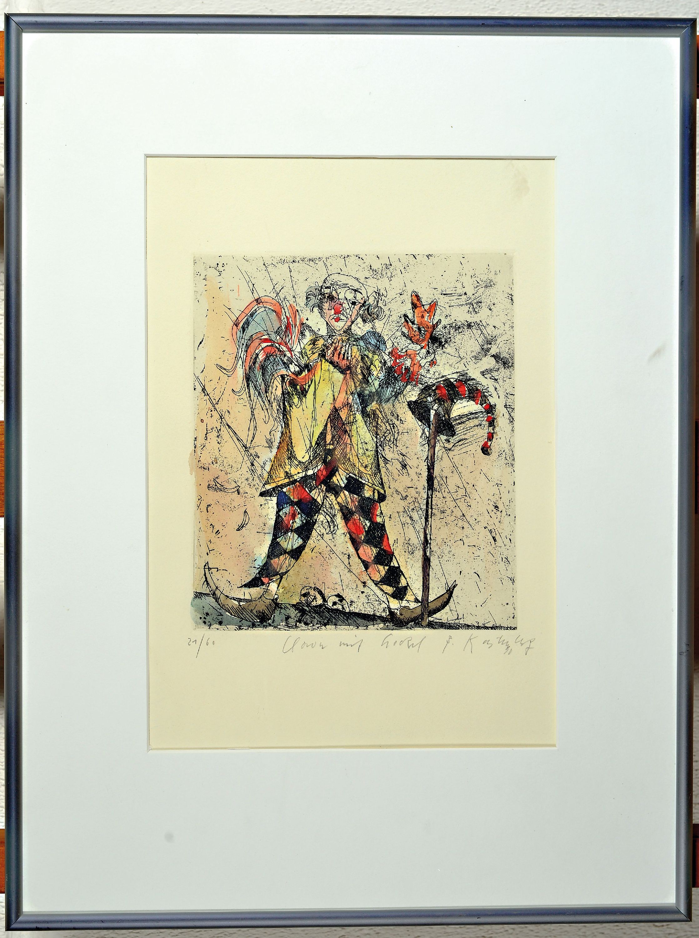 Detail k: Bernd Kastenholz, geb. 1949 Speyer, 2 Farbradierungen: Dorfsturz, sign. und num. 13/70, ca. 19x16cm, Clown mit Gockel, sign. und num. 21/60, ca. ...