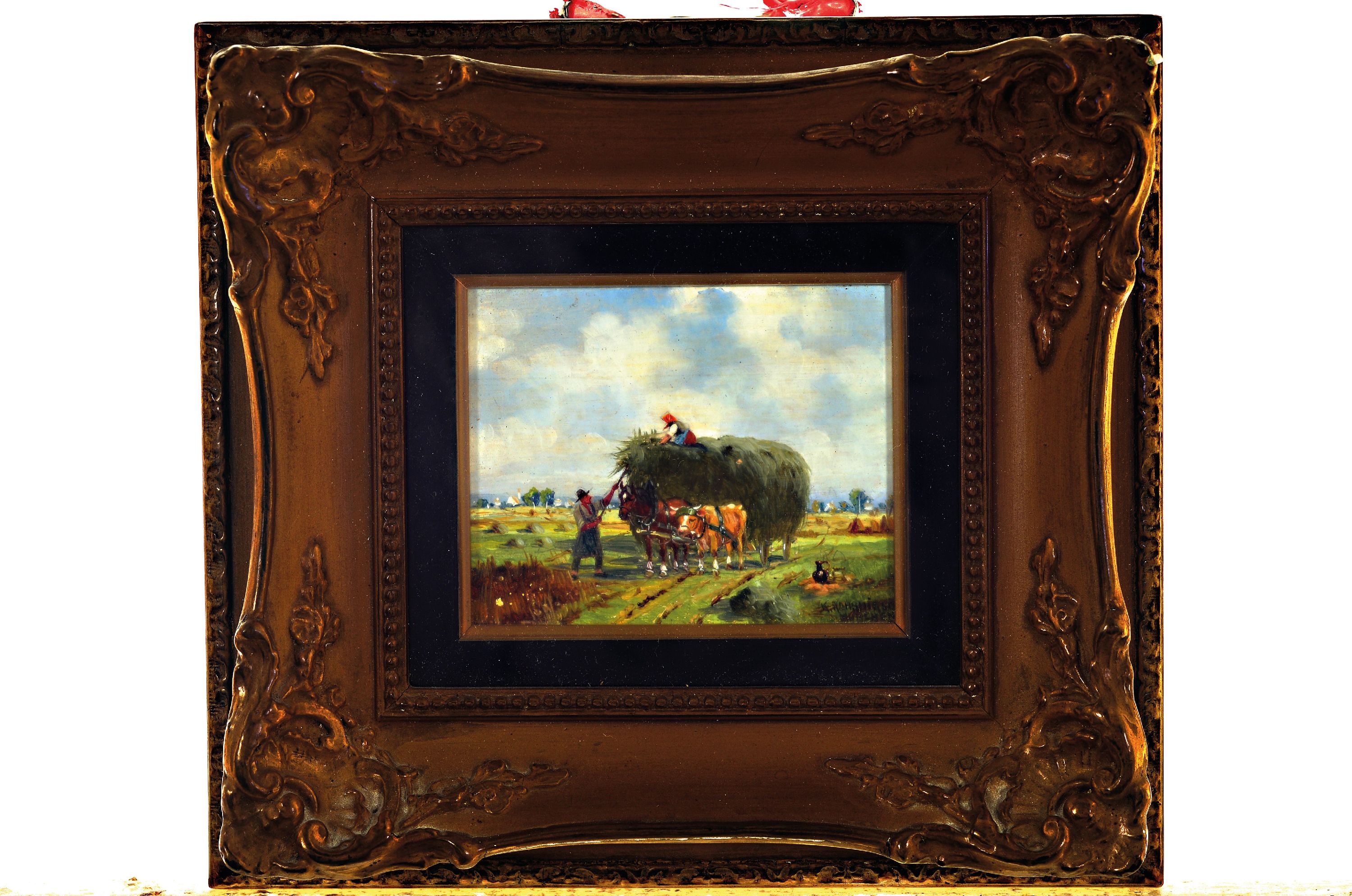 Detail k: Karl Rohrhirsch, 1875 München-1954 Greding, Heuernteszene, Öl/Holz, rechts unten sign., ca. 8.5x10.5cm, u.Gl., R. ca. 19x21cm