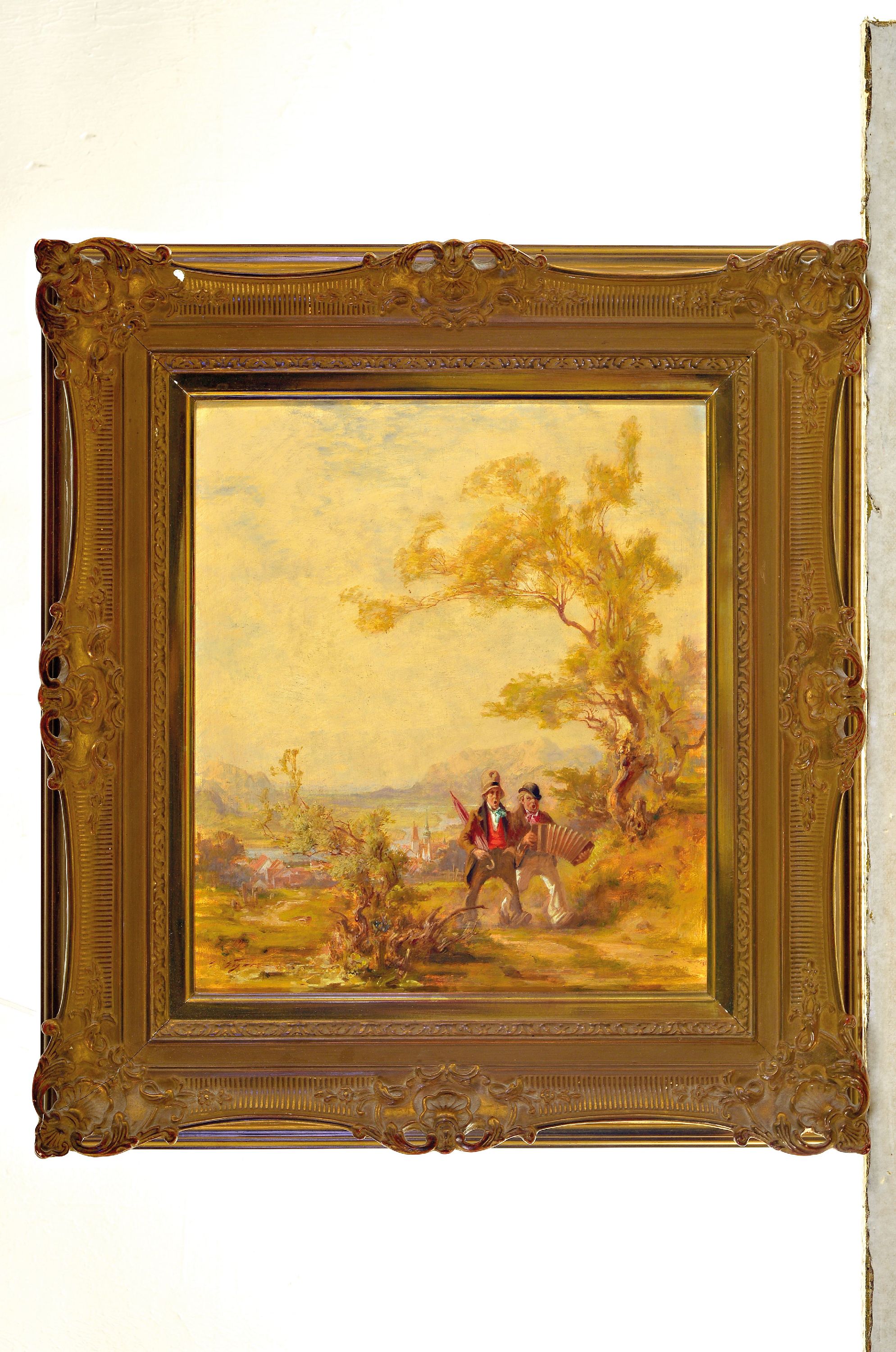 Detail k: Gustav Eyer, 1887 Mollkirch Elsaß-1946 München, zwei singende musizierende Wandererin hügeliger Landschaft, Öl/Malkarton, links unten signiert, ...