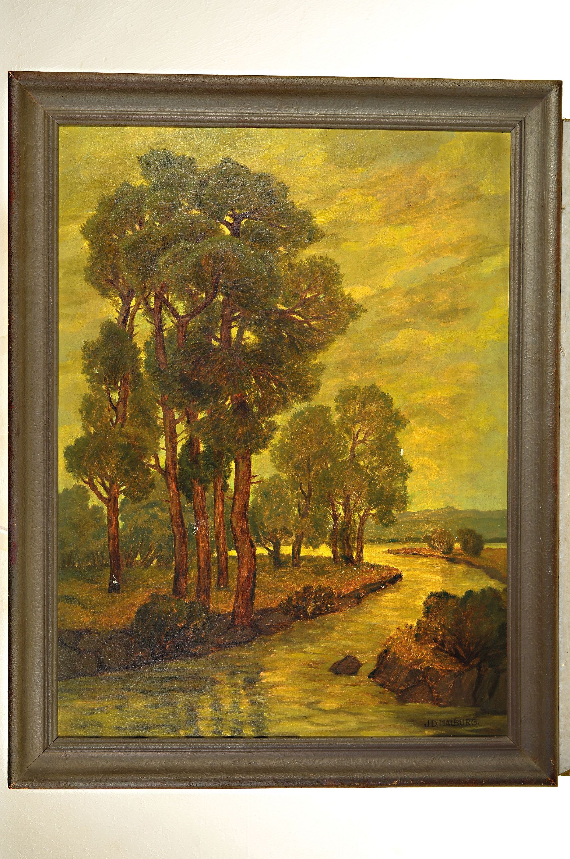 Detail k: Johanna Dill-Malburg, 1859 Großwardein-1944 Dachau, Landschaft mit Bäumen am Bachlauf, Öl/Lwd, mit mehren Druckstellen und kleinen Farbschäden, ...