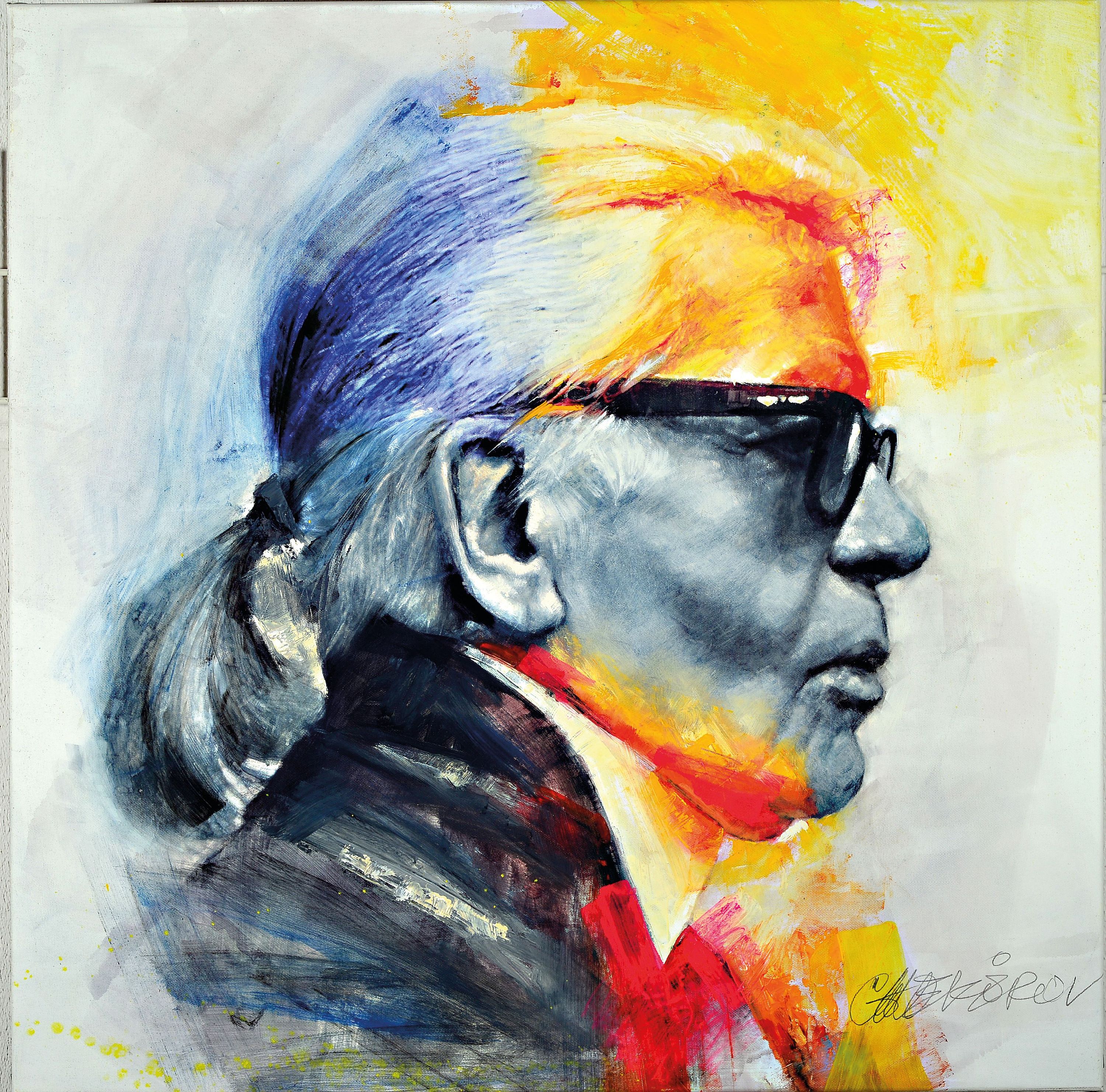 Detail k: Talantbek Chekirov, geb. 1971 Kirgisistan, Karl Lagerfeld, Öl/Lwd, rechts unten signiert, ca. 80x80cm