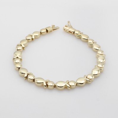 26976202a - Armband, GG 585/000, Glieder z.T. in Fisch- form, Kastenschl. m. Sicherheitsacht, L. ca. ...