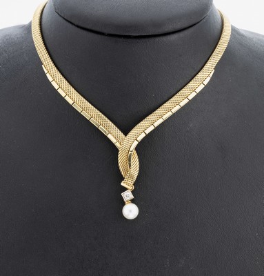 Image 26976251 - 14 kt Gold Brillant-Perl-Collier, GG 585/000, Mittelteil mit bewegl. Abhängung, ...