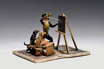 Image 26976376 - Dackelschule, Wiener Bronze, signiert Bergmann, Lehrer an der Tafel mit zwei Welpen am ...