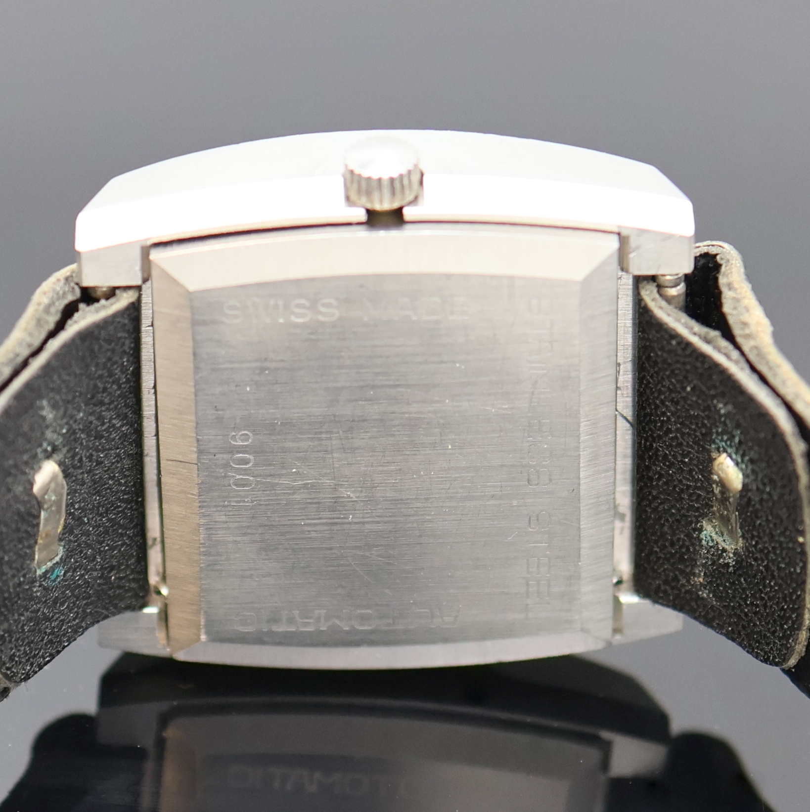 Detail c: ARSAMATIC Precision Herrenarmbanduhr in Stahl, Schweiz um 1973, Automatik, Stülpgeh., graues Zifferbl. besch./berieben, aufgel. Std.-Ind., silb. ...
