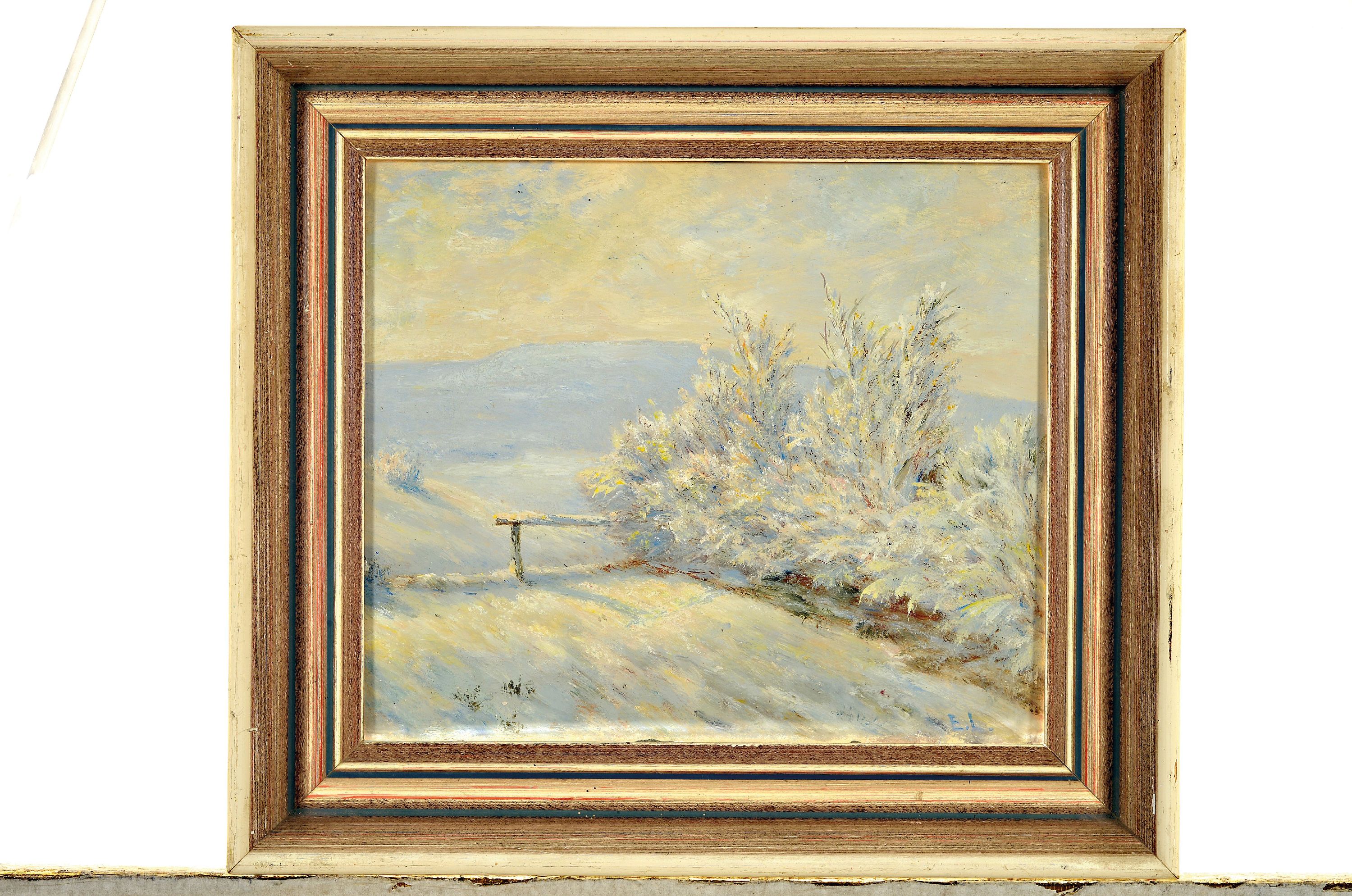 Detail k: Ernst Lucas o.ä., deutscher Künstler Anfang des 20.Jh., "Hecke im Raureif" so verso bez., datiert 1931, Öl/Lwd/Karton monogrammiert EL, ...