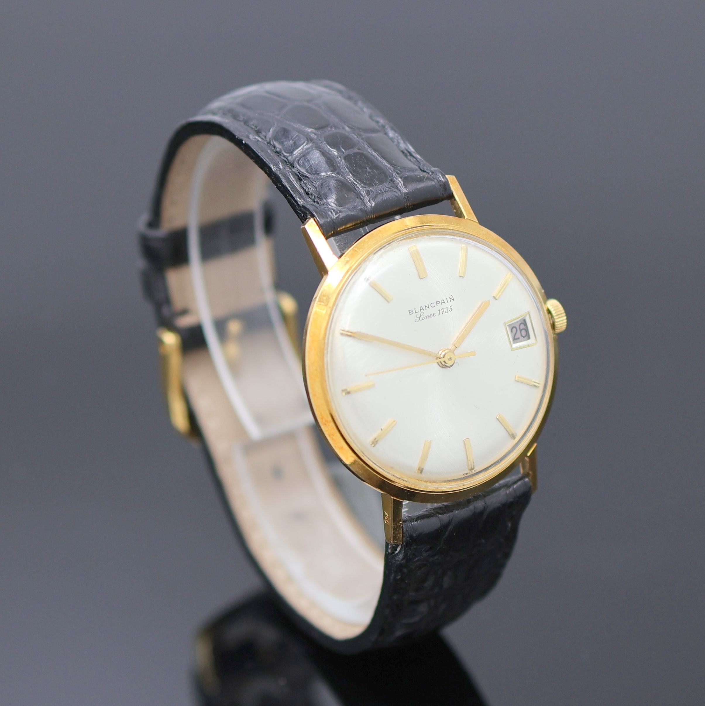 Detail b: BLANCPAIN Armbanduhr in GG 750/000, Schweiz um 1970, Automatik, Monocoque-Geh., silb. Zifferbl. m. aufges. gold. Std.-Ind., gold. Zeiger, Datum b. 3, ...