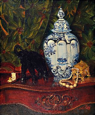 Image 26977257 - Ch. Guillemin, datiert 1937, Stillleben mit Delfter Vase und Elefantenfigur, ...