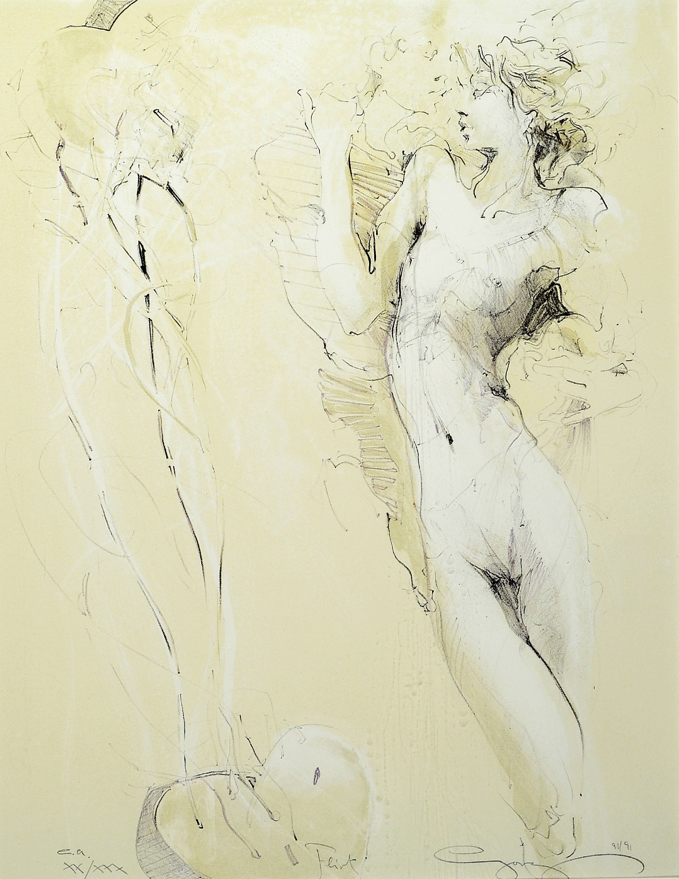 Jürgen Görg, geb. 1951 Dernbach, tanzende Figuren, Farblithographie, handsign., num. e.a. XX/XXX, dat. 90/91, ca. 45x34cm, PP, u.Gl., R. ca. 63x53cm