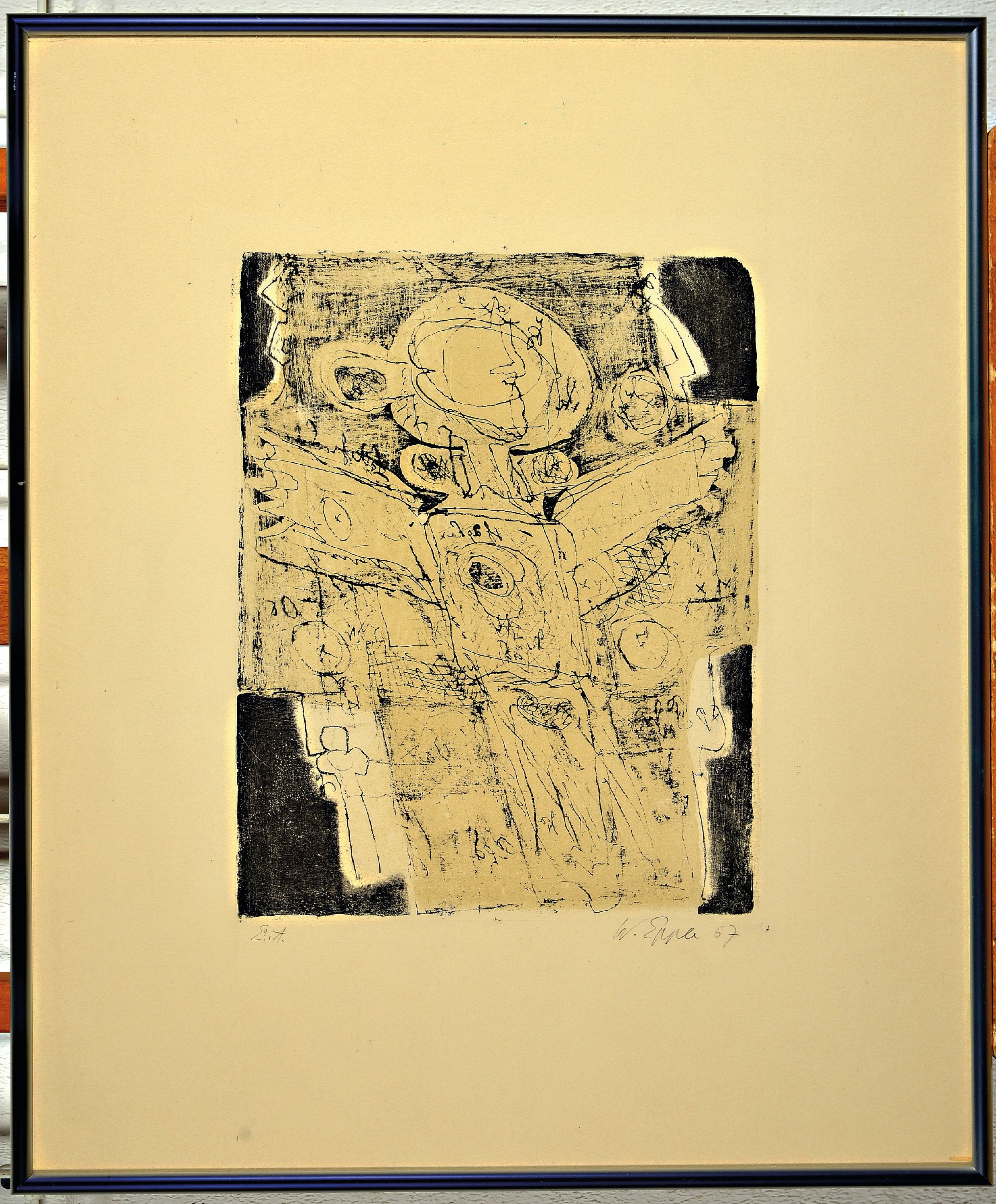 Detail k: Waldemar Epple, 1919-1985 Mannheim, Abstrakte Komposition, Farbradierung, sign. und dat. 67, bez. e.a., ca. 34x27cm, u.Gl., R. ca. 60x50cm, leicht ...