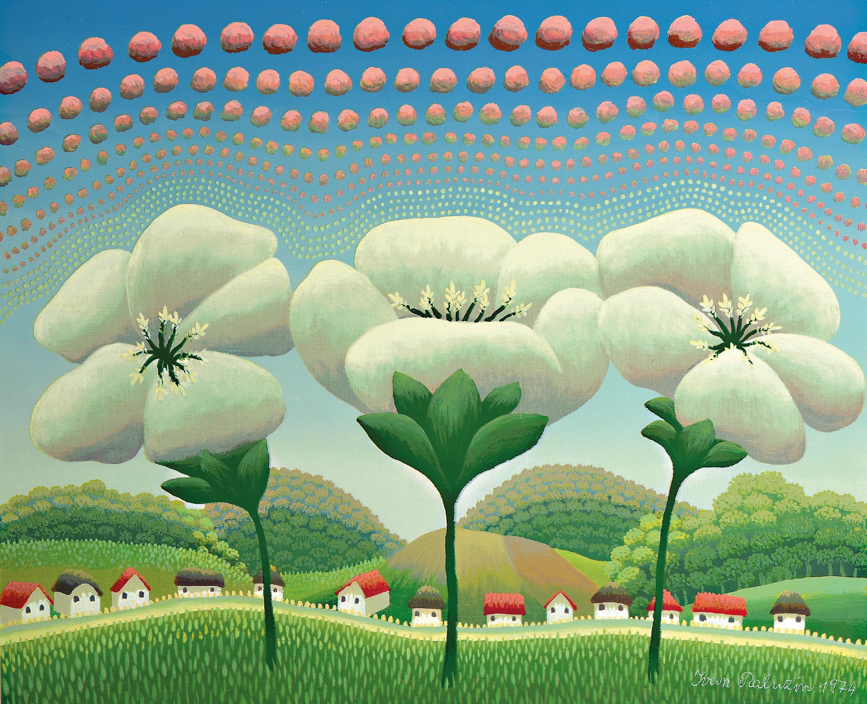 Ivan Rabuzin, 1921 Kljuc-2008 Varadzin/ Kroatien, Drei Blumen vor einem Dorf unter rosa Wolken, Farbsiebdruck, signiert und dat. 74, ca. 58x48cm, ...