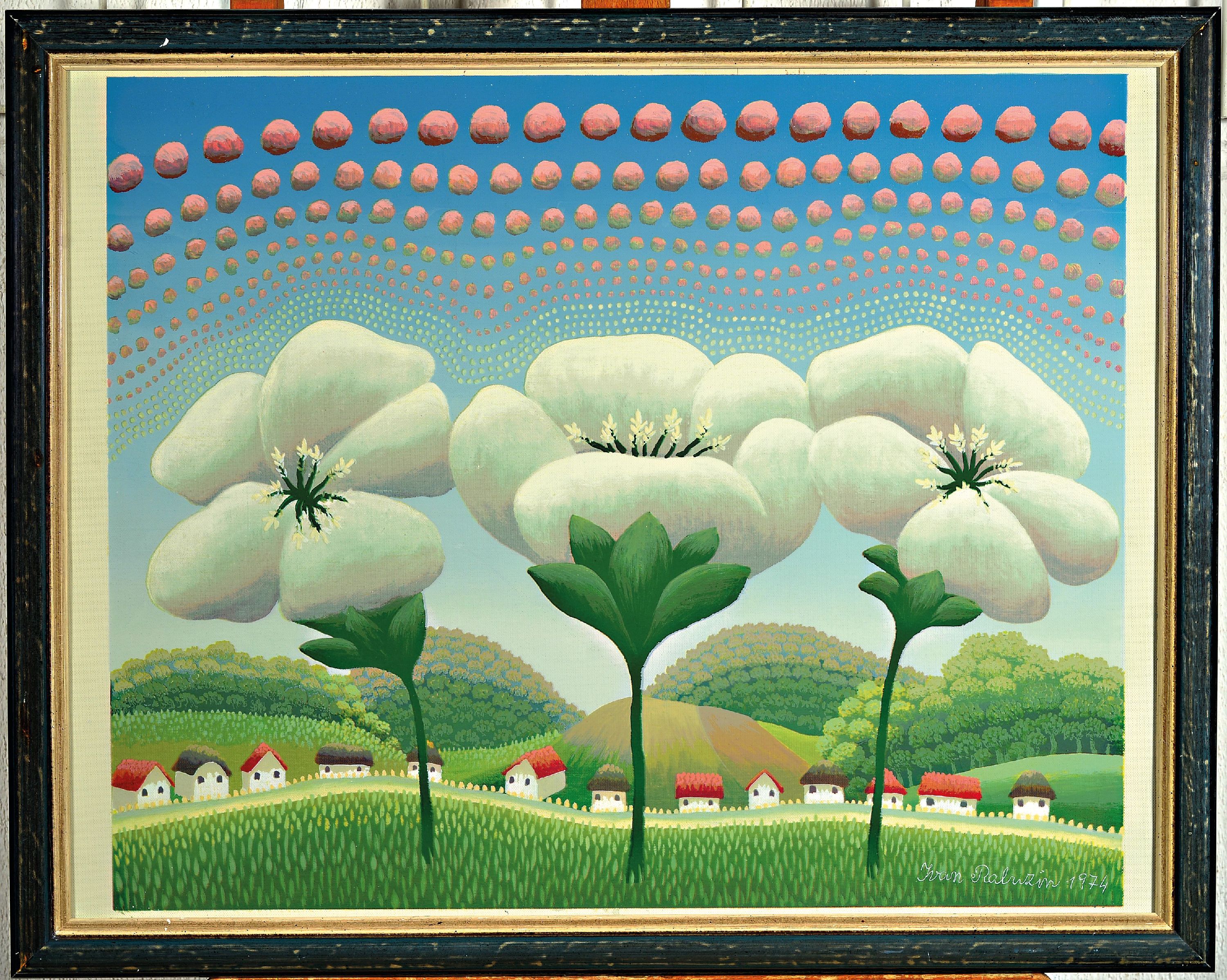 Detail k: Ivan Rabuzin, 1921 Kljuc-2008 Varadzin/ Kroatien, Drei Blumen vor einem Dorf unter rosa Wolken, Farbsiebdruck, signiert und dat. 74, ca. 58x48cm, ...