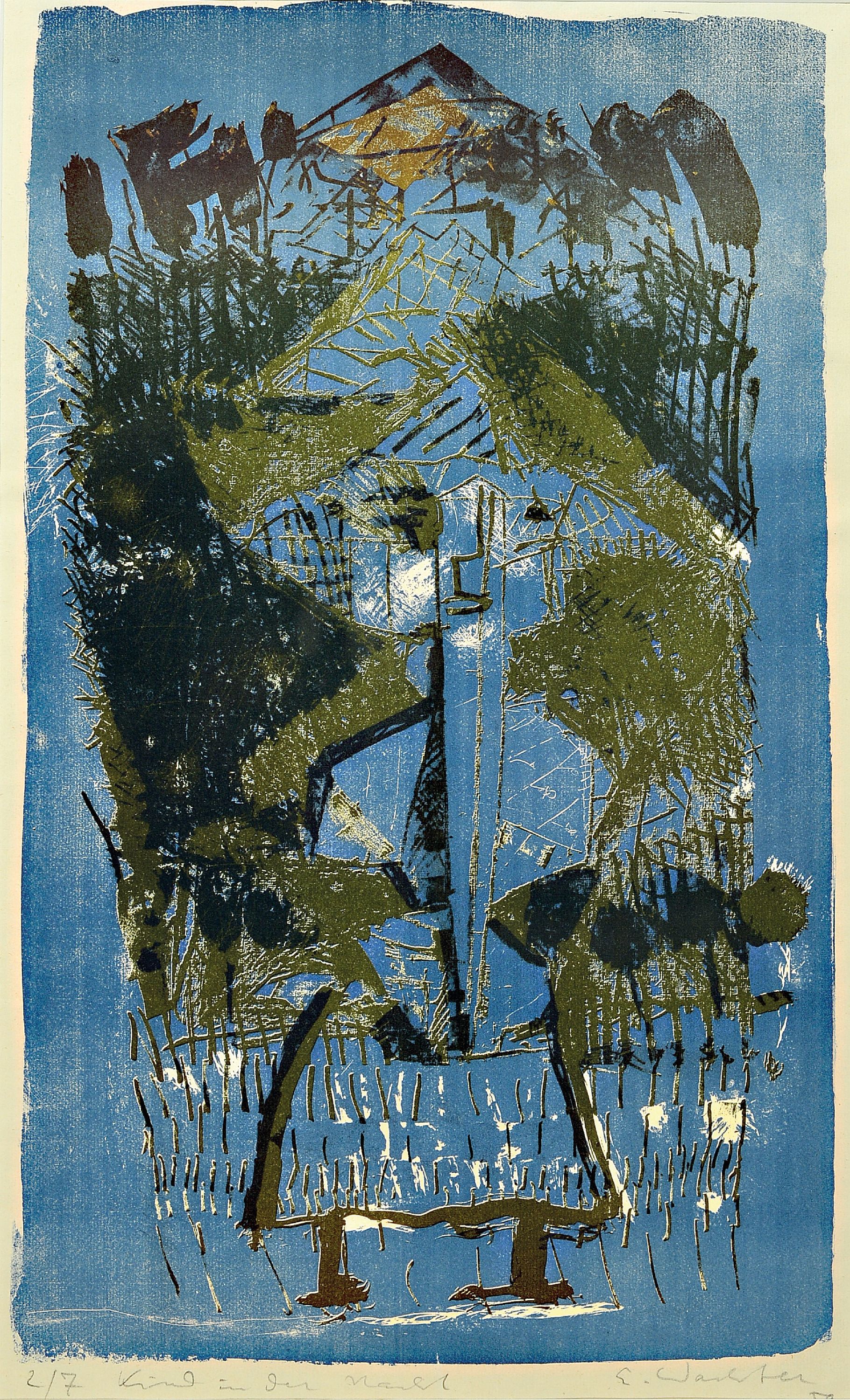 Image 26977631 - Emil Wachter, 1921 Neuburgweier-2012 Karlsruhe, Kind in der Nacht, Farblithographie, ...