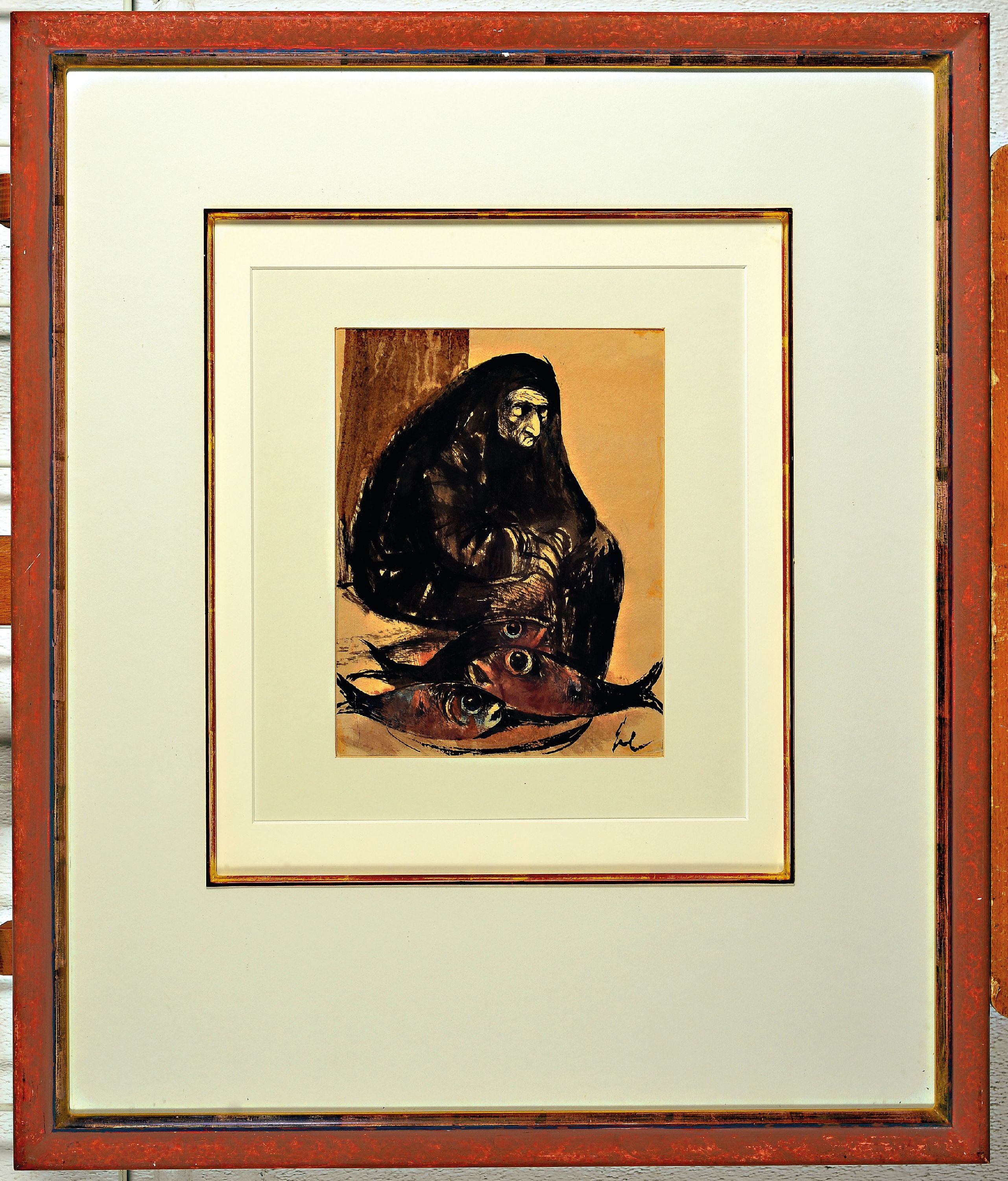 Detail k: Hanna Nagel, 1907-1975 Heidelberg, Die blinde Fischverkäuferin, lavierte Tuschezeichnugn und Aquarell auf Papier, rechts unten sign., unterhalb der ...