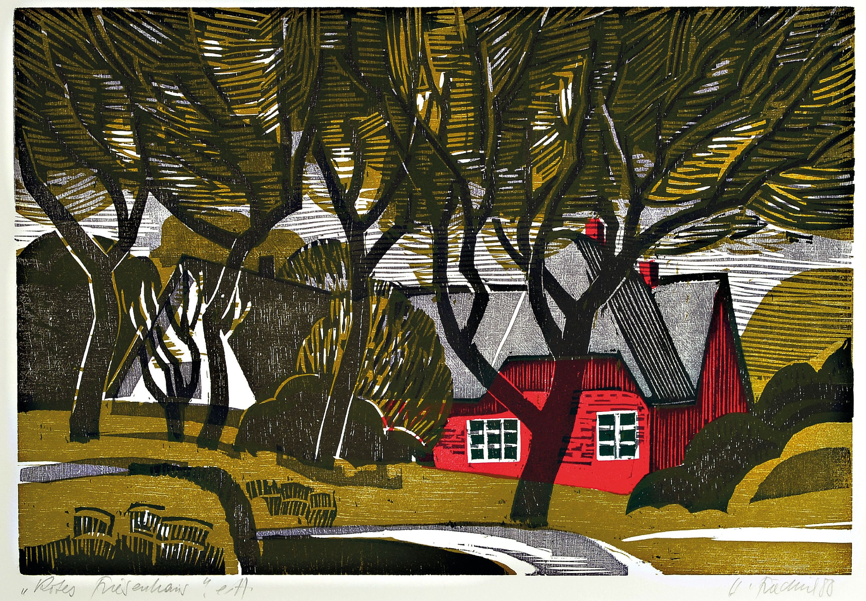 Heinz Friedrich, 1924-2018 Schwetzingen, Rotes Friesenhaus, Farbholzschnitt, sign. und dat. 88, bez. e.a., ca. 32x47cm, PP, u.Gl., R. ca. 54x72cm