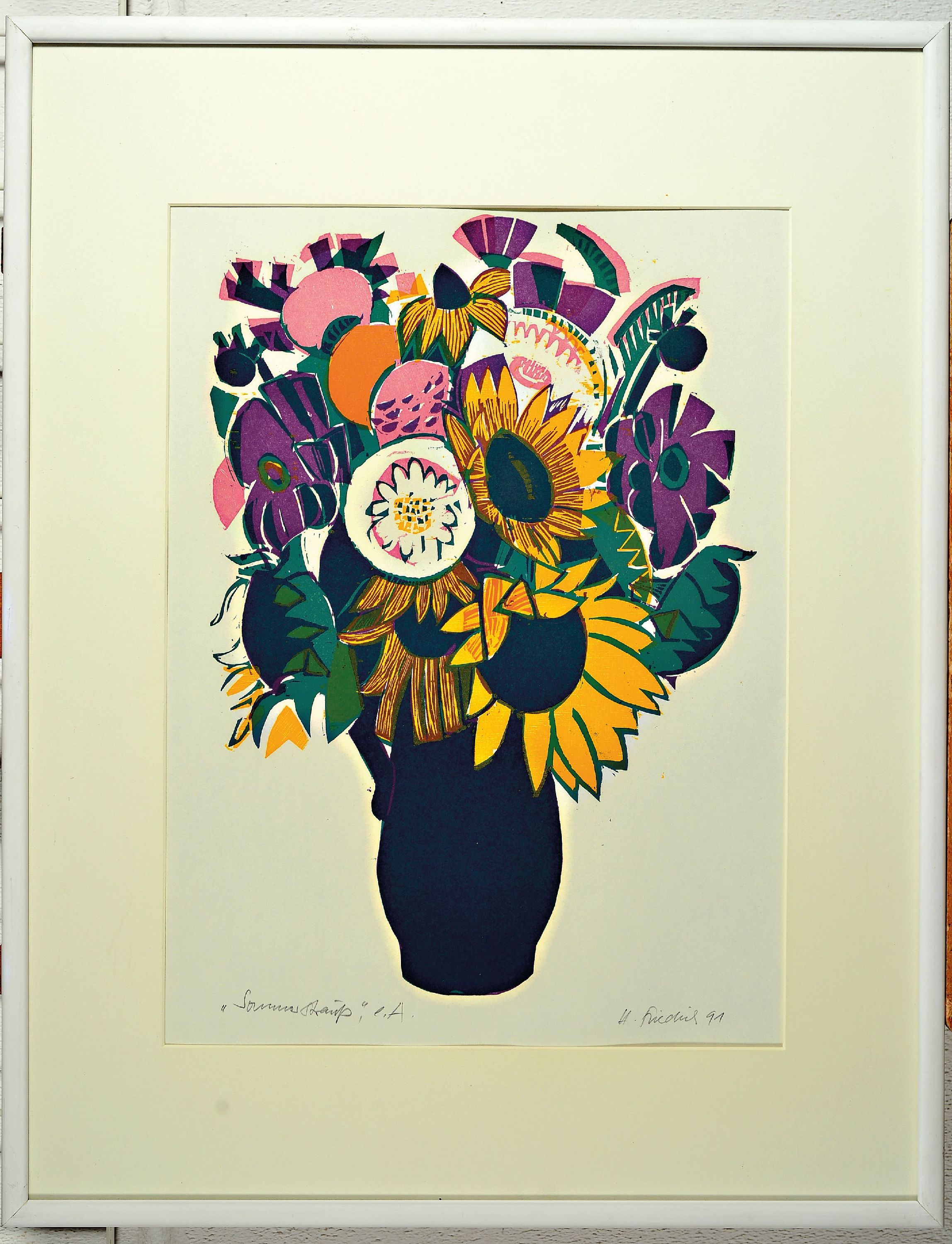 Detail k: Heinz Friedrich, 1924-2018 Schwetzingen, 2 Farbholzschnitte: Sommerstrauß, sign. und dat. 91, e.a., ca. 50x37cm, PP, u.Gl., R. ca. 72x55cm; ...
