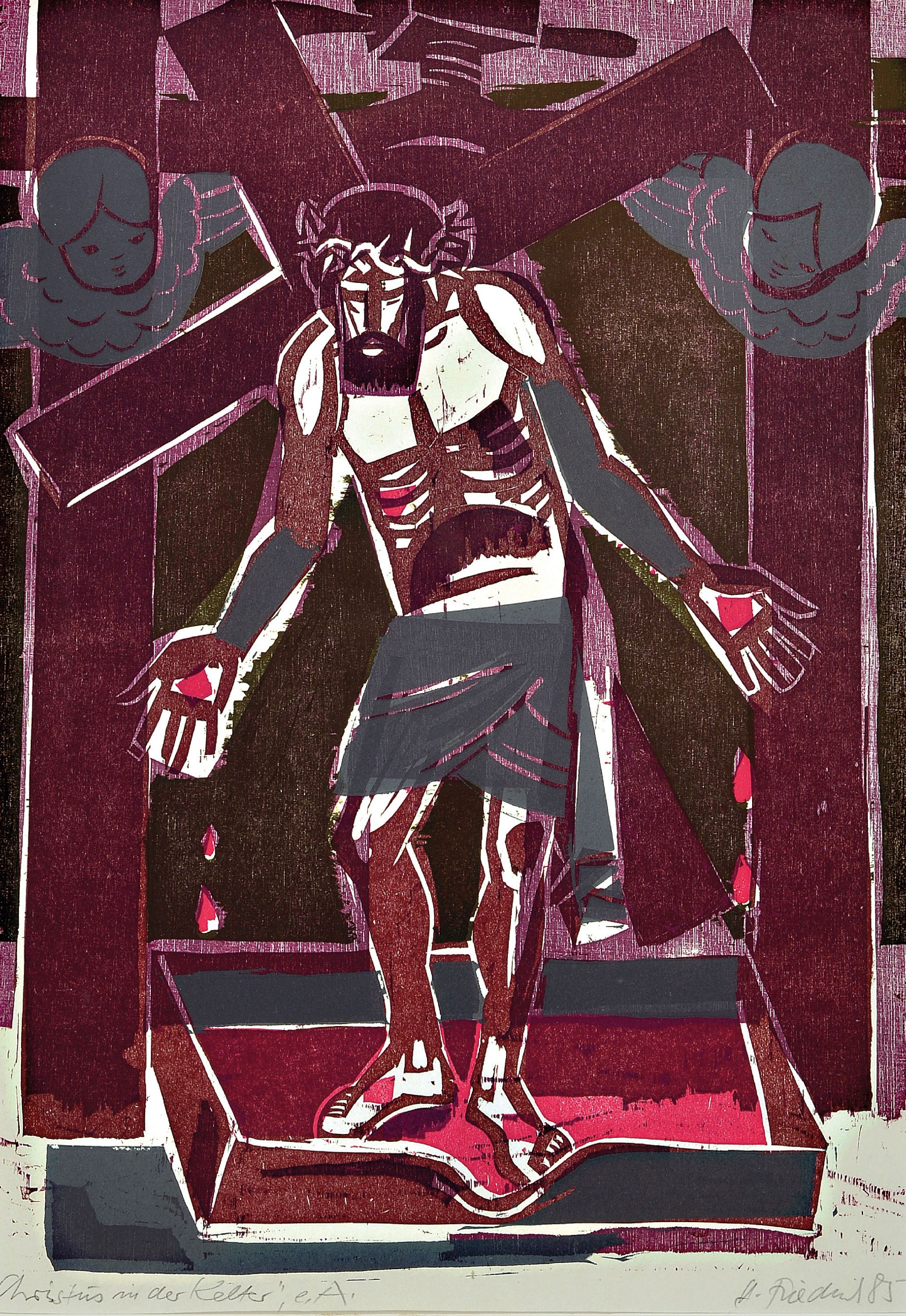 Detail a: Heinz Friedrich, 1924-2018 Schwetzingen, 2 Farbholzschnitte: Christus in der Kelter, sign. und dat. 85, bez. e.a., ca. 52x37cm, PP, u.Gl., R. ca. ...