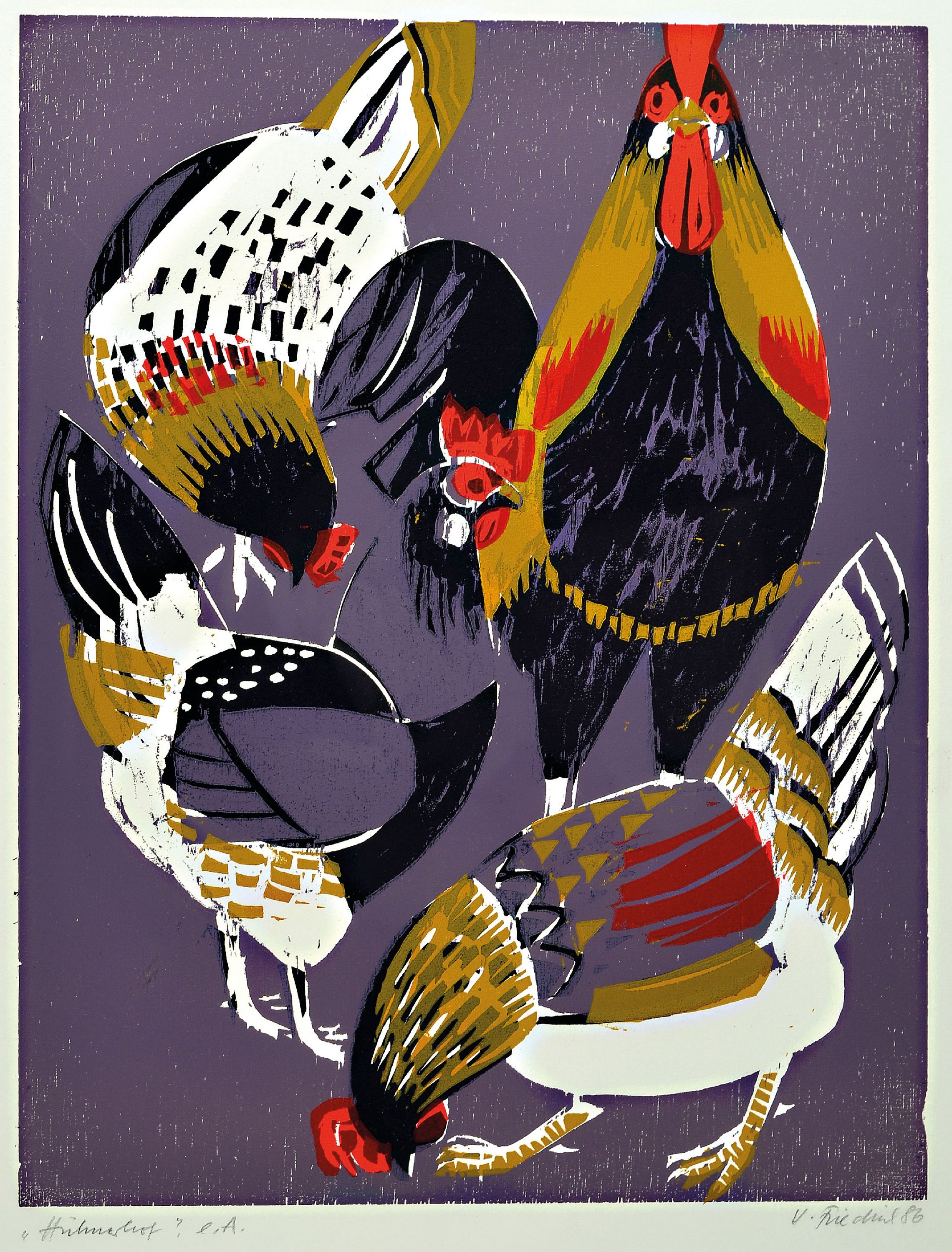 Heinz Friedrich, 1924-2018 Schwetzingen, 2 Farbholzschnitte: Hühnerhof, sign. und dat. 86, bez. e.a., ca. 52x40cm, u.Gl., R. ca. 71x51cm; Truthahn ...