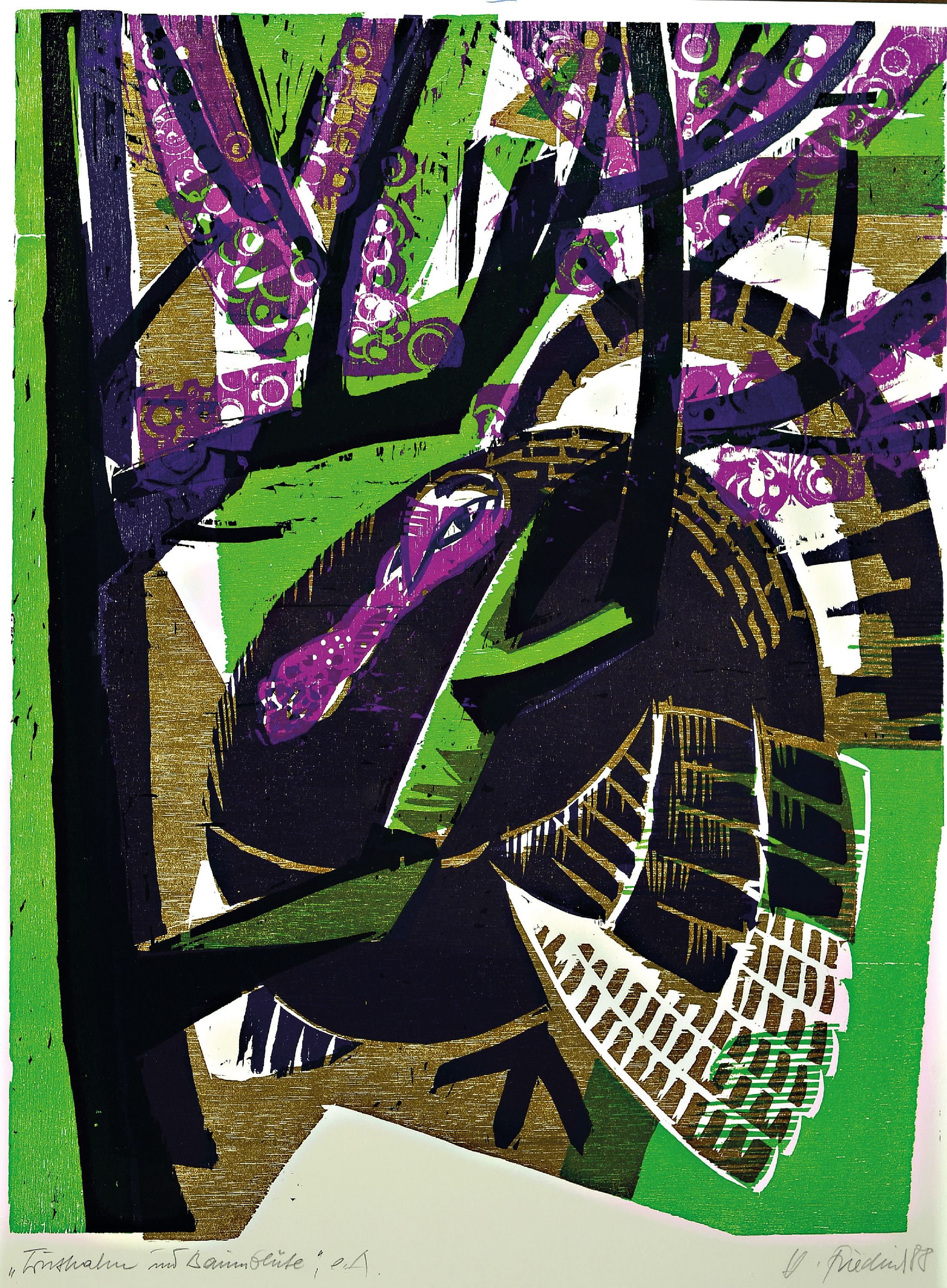 Detail a: Heinz Friedrich, 1924-2018 Schwetzingen, 2 Farbholzschnitte: Hühnerhof, sign. und dat. 86, bez. e.a., ca. 52x40cm, u.Gl., R. ca. 71x51cm; Truthahn ...